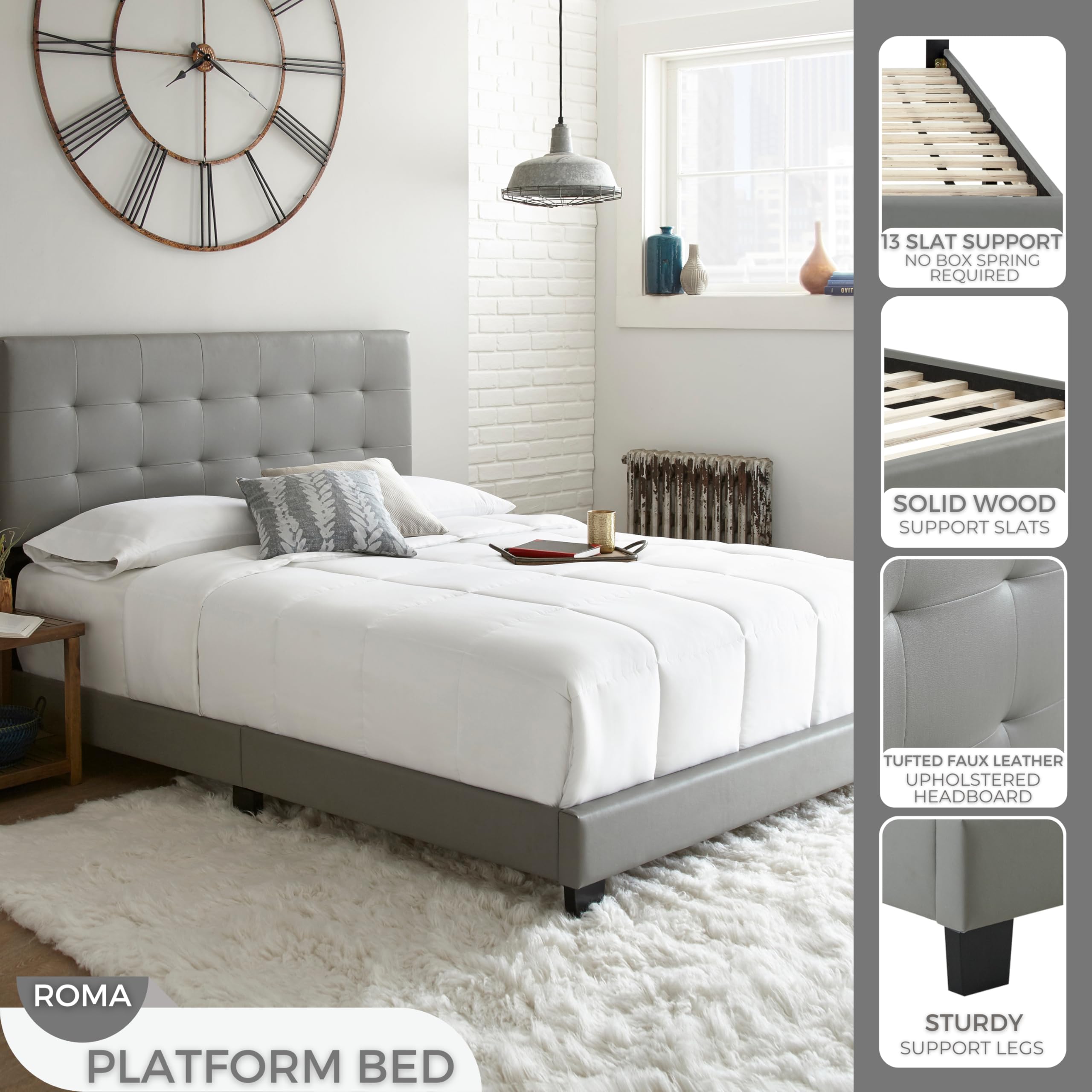 Boyd Sleep Roma Gray Vegan Leather Queen Size Platform Bed Frame with Adjustable Headboard - No Box Spring Needed, Easy Assembly, Quiet & Sturdy Mattress Support for Modern Bedroom, Guest Room or Apartment