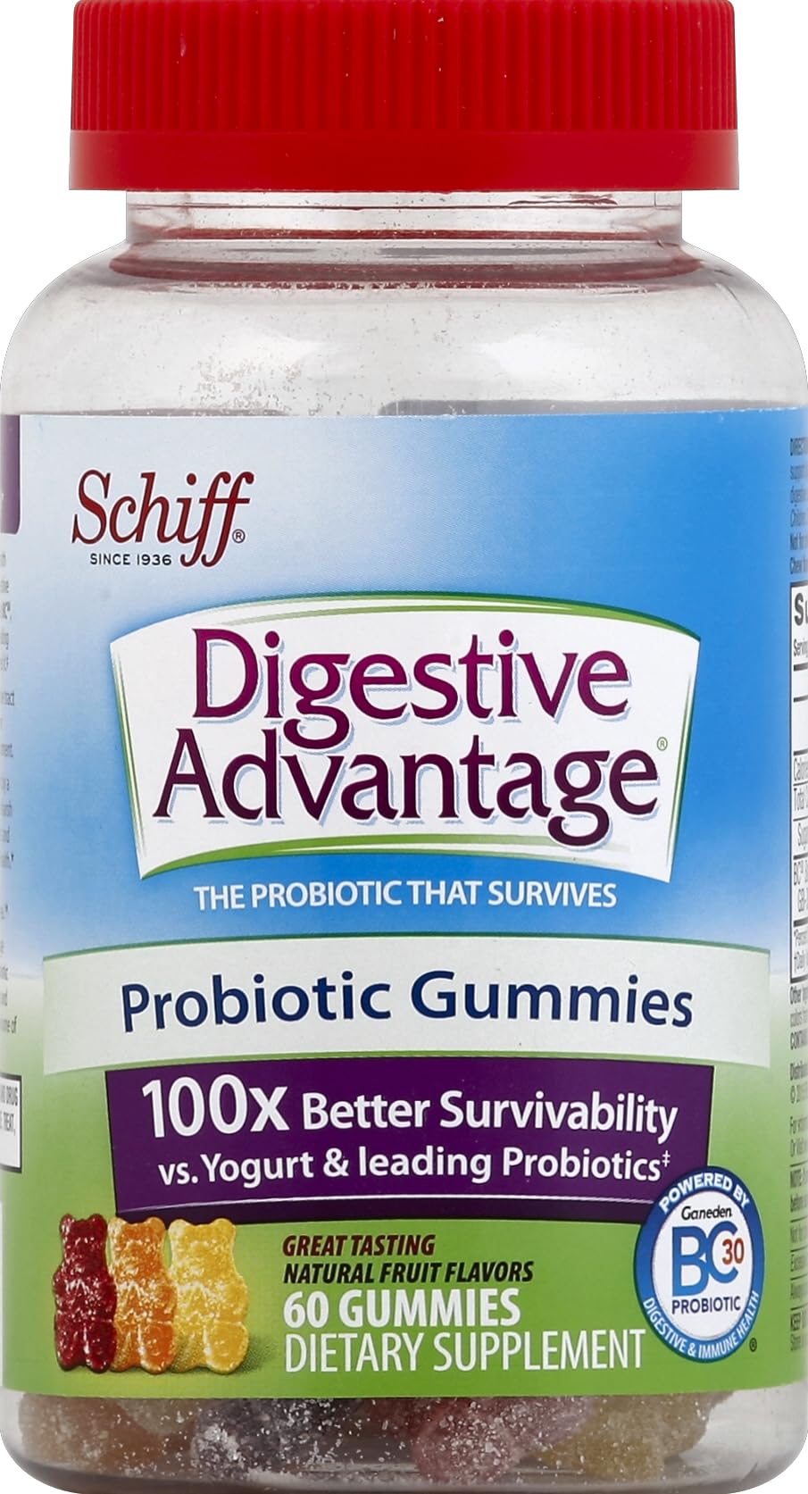 Schiff Sustenex Probiotic Gummies for Digestive Health - 60 Count, Assorted Fruit Flavors, Gluten Free & Vegetarian - Supports Gut Health for Adults & Kids - Perfect for Travel, Work & Daily Wellness