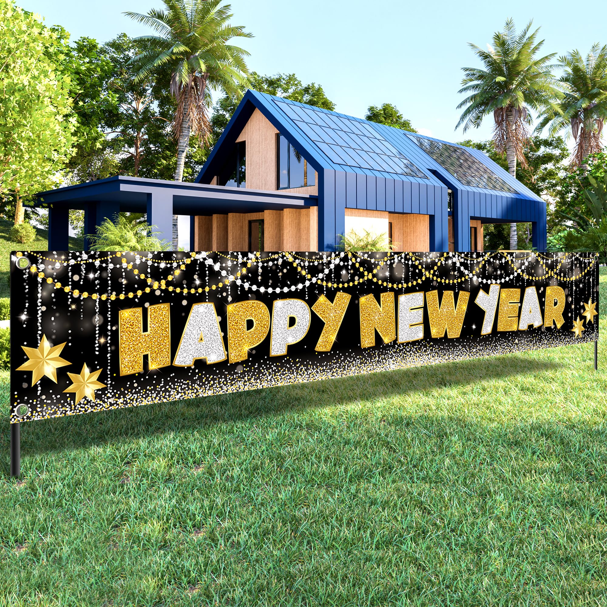 KatchOn 2025 Happy New Year Banner - Extra Large 120x20 Inch NYE Yard Sign | Outdoor & Indoor New Year's Eve Party Decorations 2025 | Durable Vinyl New Years Banner for Backyard, Front Lawn & NYE Party Supplies | Perfect for Home, Office & Holiday Celebrations