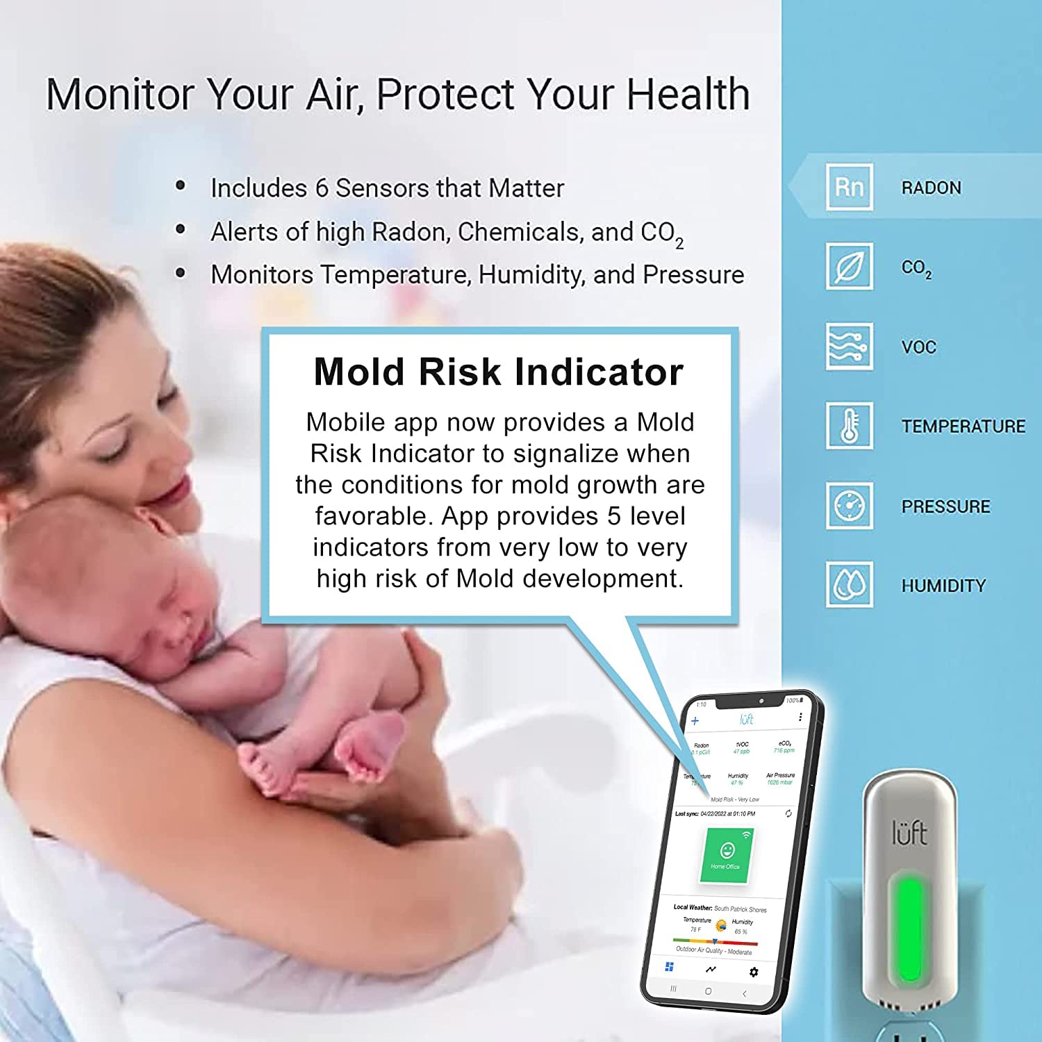 SunRADON Plug-in Wi-Fi Radon & Indoor Air Quality Monitor - Continuous Radon, eCO2, VOC, Temp, Pressure & Humidity Sensor with Mobile App | Ideal for Home, Office & Basement Safety