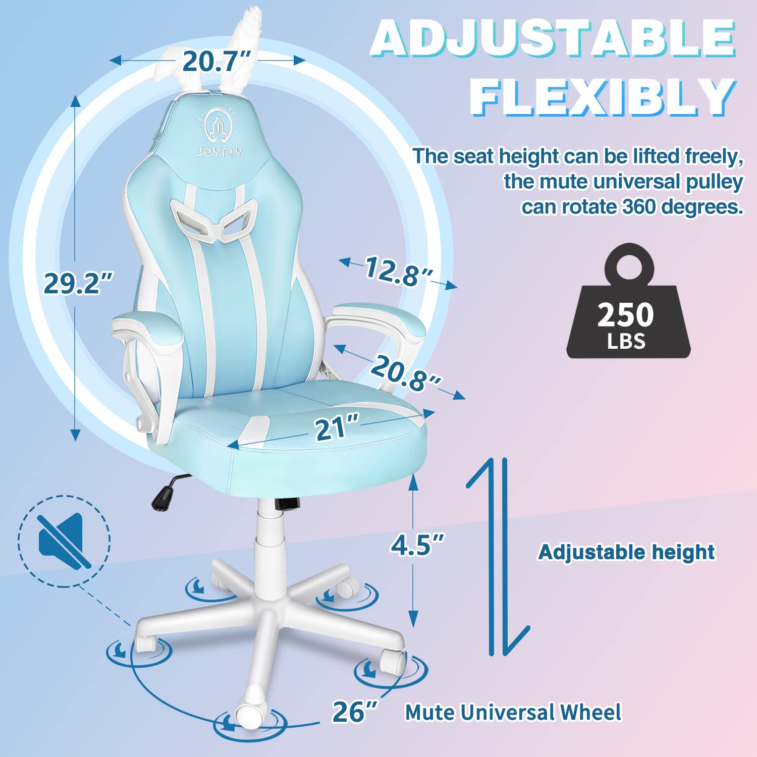 JOYFLY Kawaii Gaming Chair for Kids & Teens - Ergonomic Computer Gaming Chair for Girls & Adults with Lumbar Support - Light Blue Racing Style PC Office Chair for Home & Esports Gaming Setup
