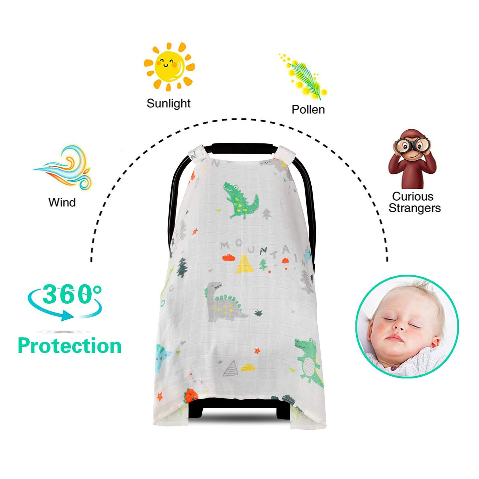 Muslin Baby Car Seat Canopy for Girls & Boys - Lightweight Infant Car Seat Cover, Breathable Stroller Cover for Summer Spring & Fall - Large 47.2