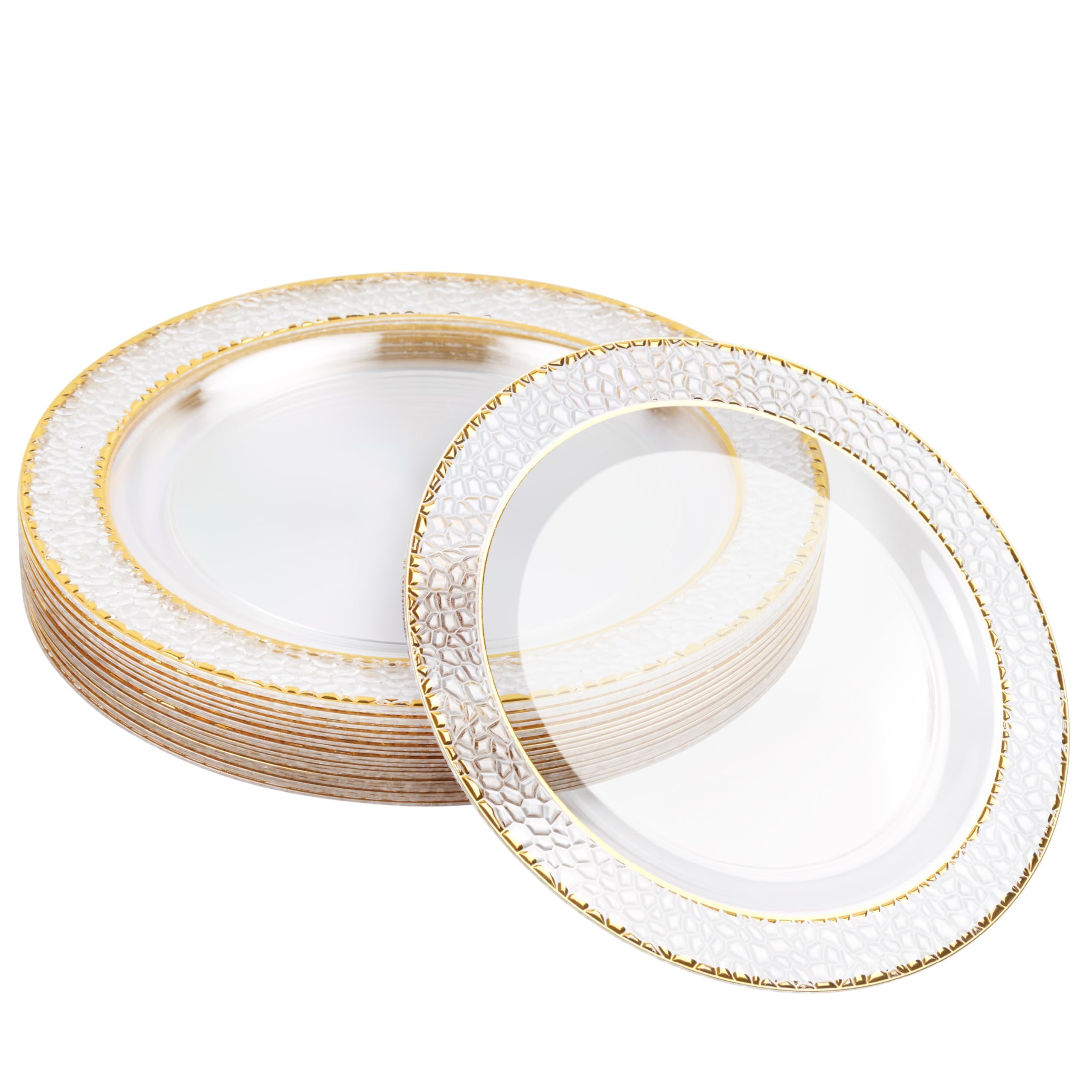 MATANA 20-Pack 7.5 Inch Clear Reusable Plastic Party Plates with Hammered Gold Rim - Heavy Duty Dinner Plates for Wedding, Bridal Shower, Birthday Party, Picnic & Special Events - Elegant Fancy Disposable Tableware for Indoor/Outdoor Entertaining