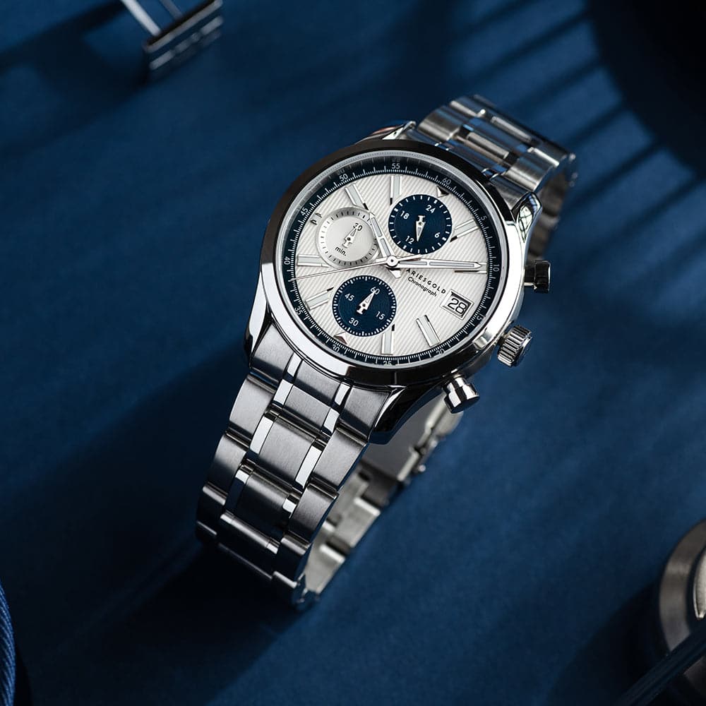 Aries Gold Champion 7020 G 7020 S SBU Men's Silver Dial Chronograph Watch VR33 42mm Silver Stainless Steel Strap - Perfect for Business, Casual Wear & Special Occasions