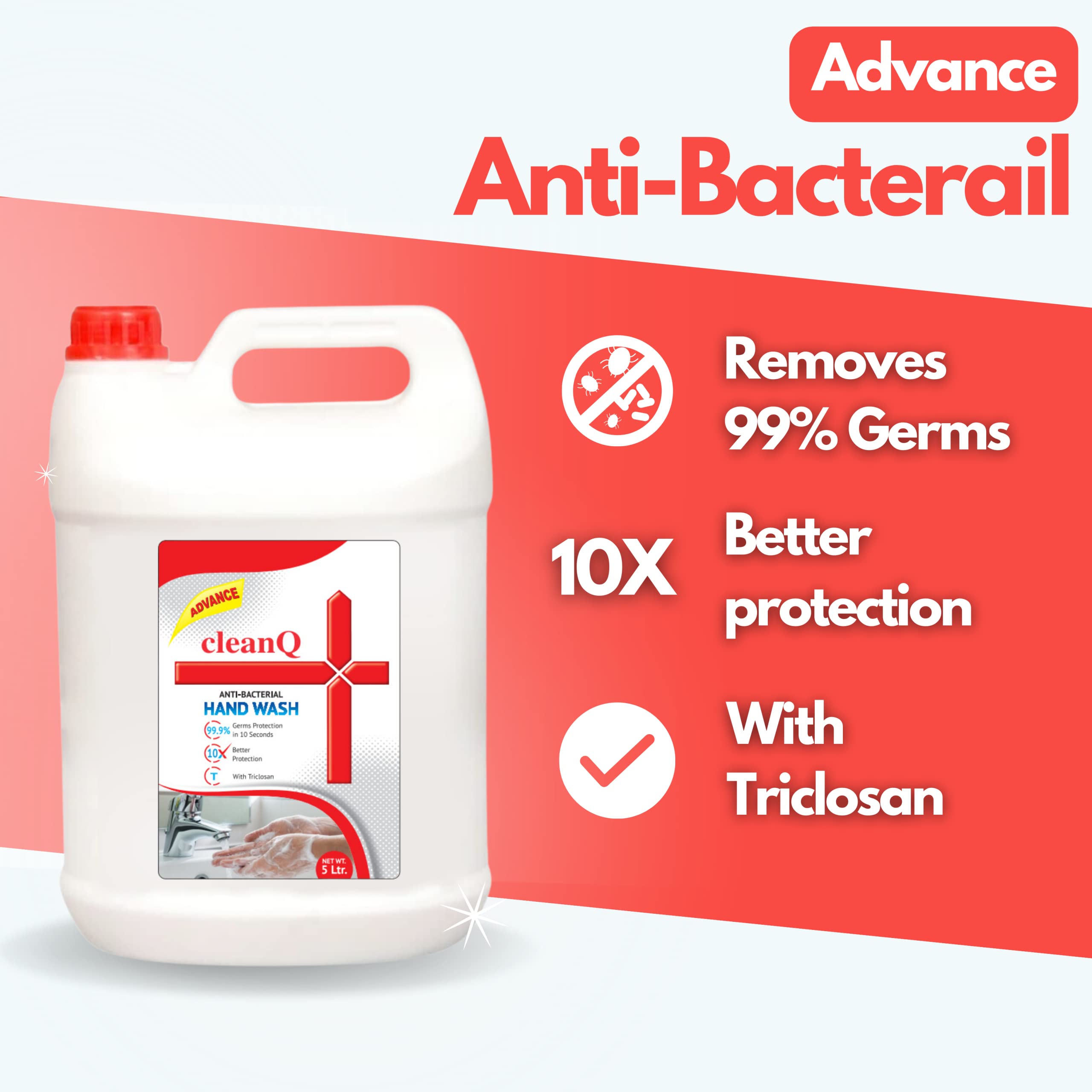 CleanQ Advanced Antibacterial Hand Wash - 5L Moisturizing Formula, Soft on Skin, Kills 99.9% Germs in 10 Seconds | 10X Better Germ Protection | Ideal for Homes, Hospitals, Offices & Public Spaces