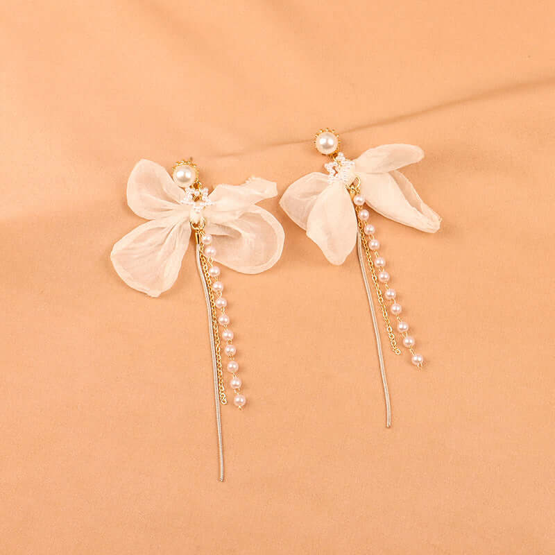 Elegant Chiffon Pearl Bow Drop Earrings for Women - Long Chain Dangle Earrings with Pearl Accents | Perfect for Weddings, Parties & Special Occasions