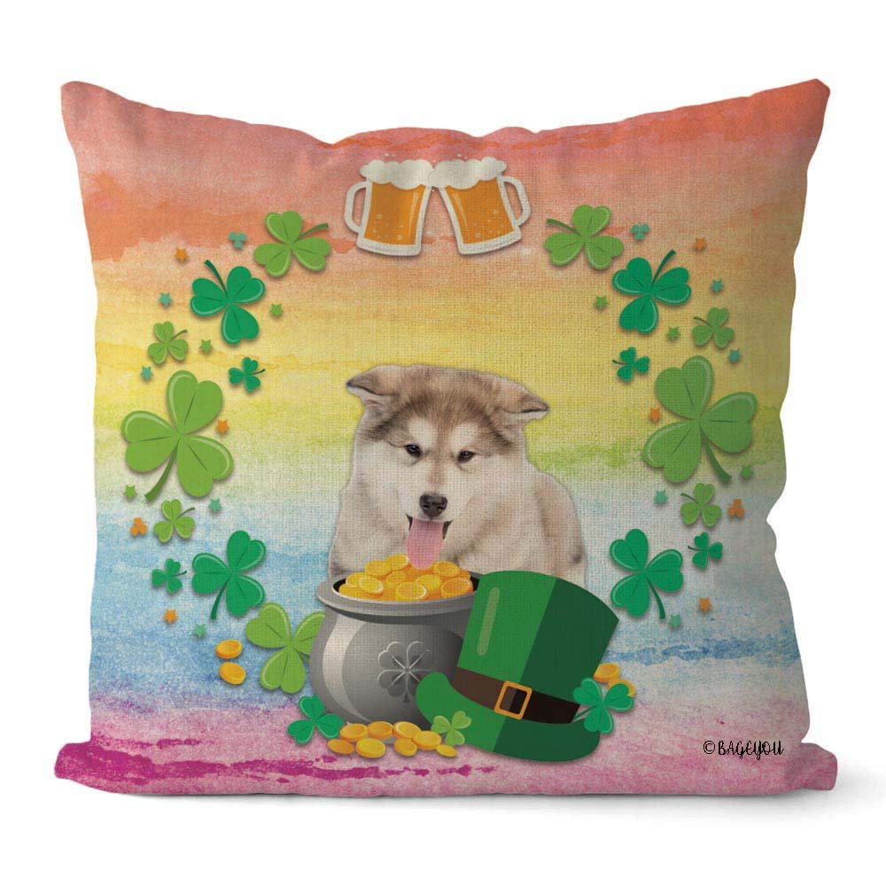 Happy St. Patrick's Day Shamrock Clover Dog Pillow Cover - 18x18 Inch Square Cotton Linen Cushion Case with Leprechaun, Alaskan Malamute Puppy, Gold Pot & Beer Design - Perfect for Home Decor, Couch, Sofa, Living Room & Irish-Themed Parties