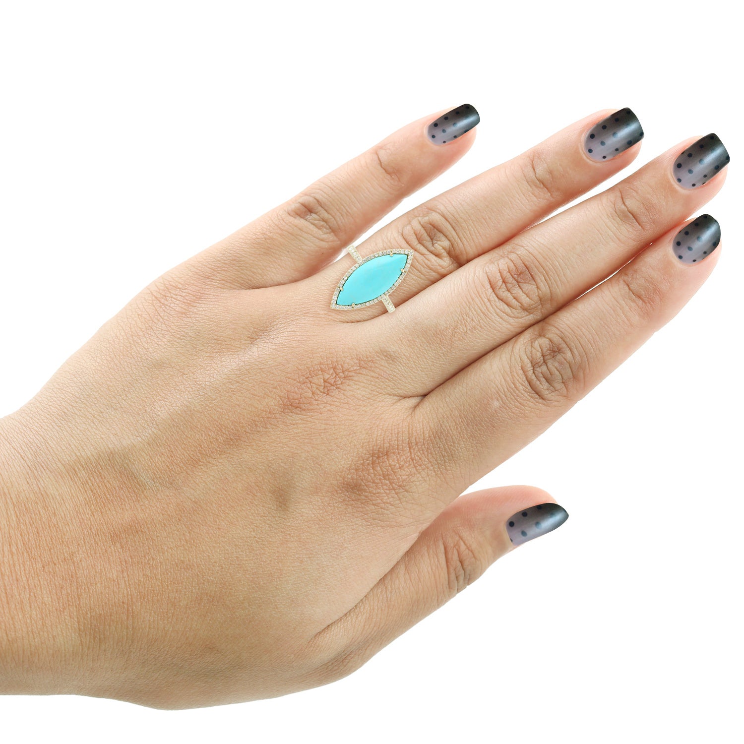 14K Yellow Gold Pave Diamond Marquise Cut Turquoise Long Ring for Women - Elegant Statement Jewelry for Weddings, Parties & Special Occasions