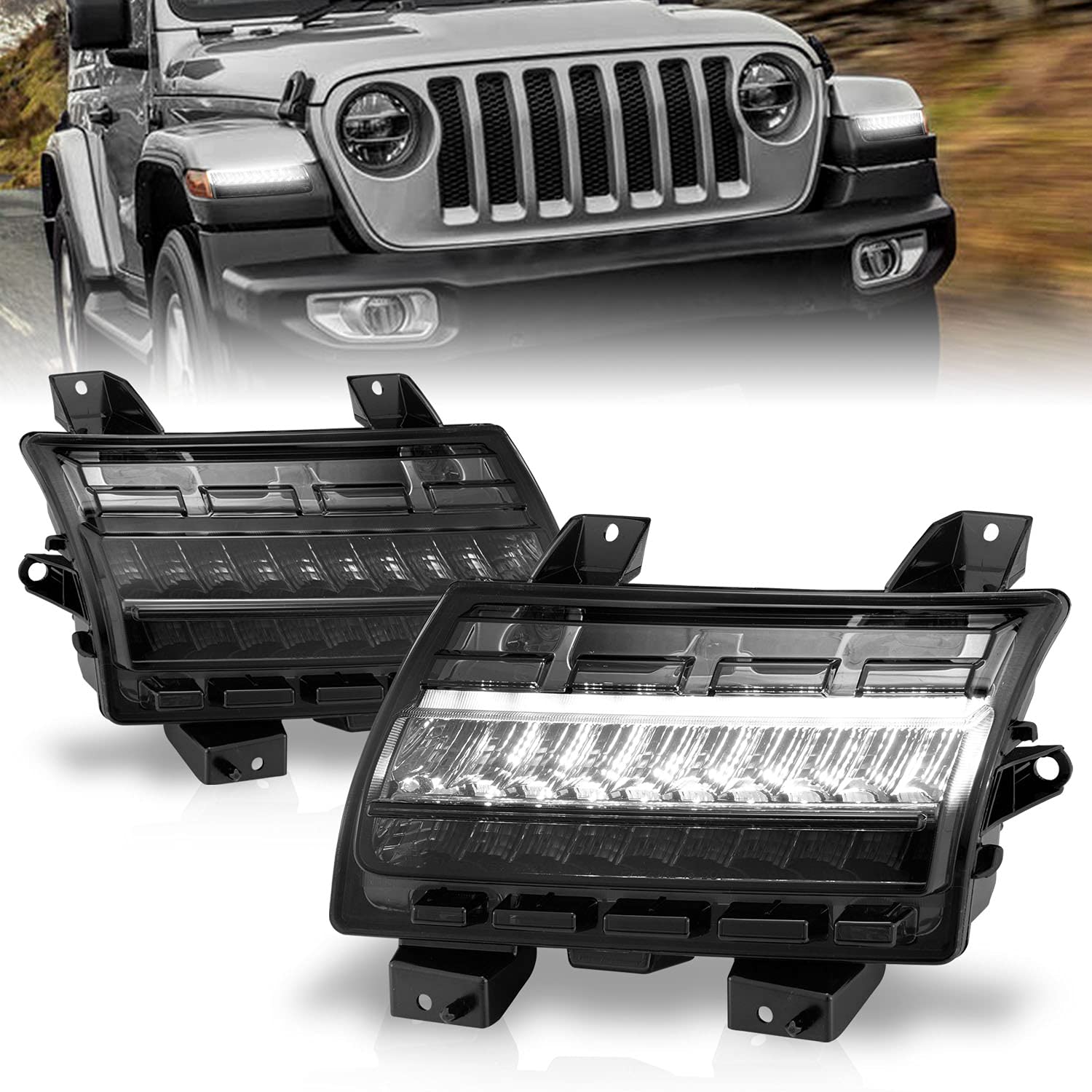 2018-2020 Jeep Wrangler JL LED Bumper Lights - Sequential Turn Signals with DRL & Smoke Lens - Driver & Passenger Side - Off-Road & Night Driving Upgrade
