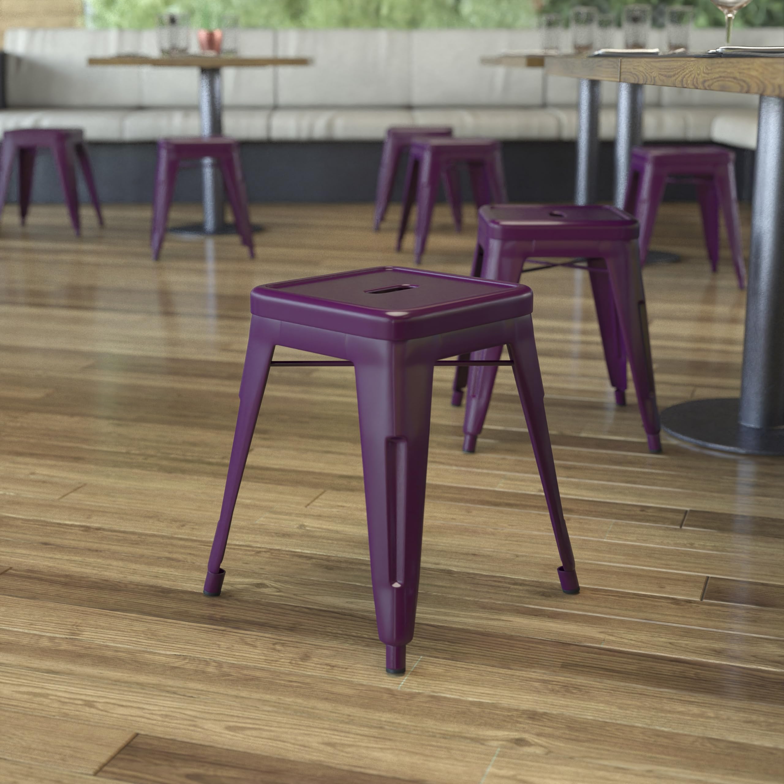 EMMA + OLIVER 18 Inch Stackable Metal Bar Stools - Set of 4 Purple Dining Chairs for Kitchen Island, Breakfast Nook & Small Space Decor | Indoor Counter Height Stools