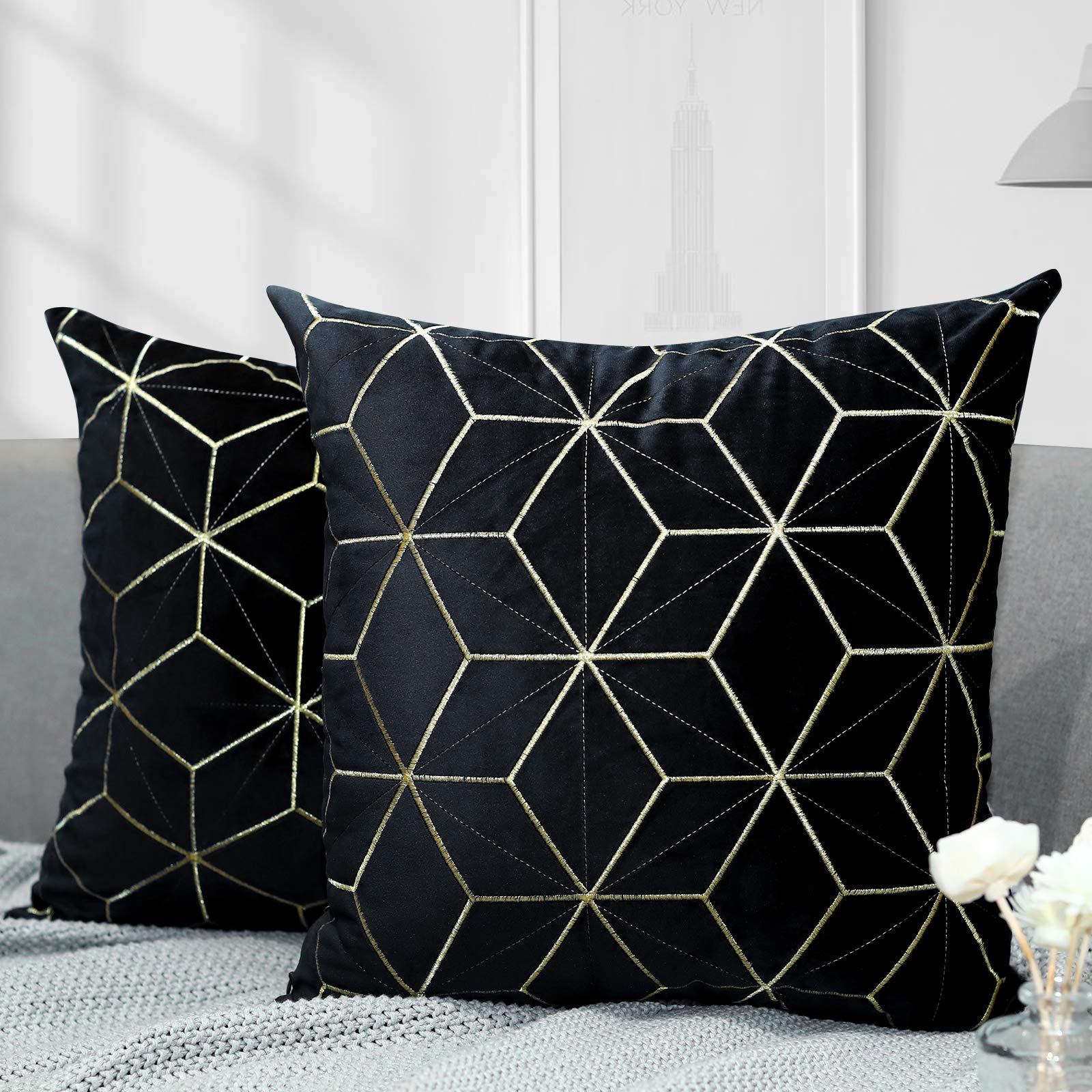 **Lewondr 2 Pack Golden Embroidery Velvet Throw Pillow Covers 18x18 Inches (45x45cm) - Soft Luxury Cushion Cases with Rhombus Pattern for Sofa, Bed & Car - Black**    *(Perfect for Home Decor, Living Room Accents & Cozy Car Interiors)*