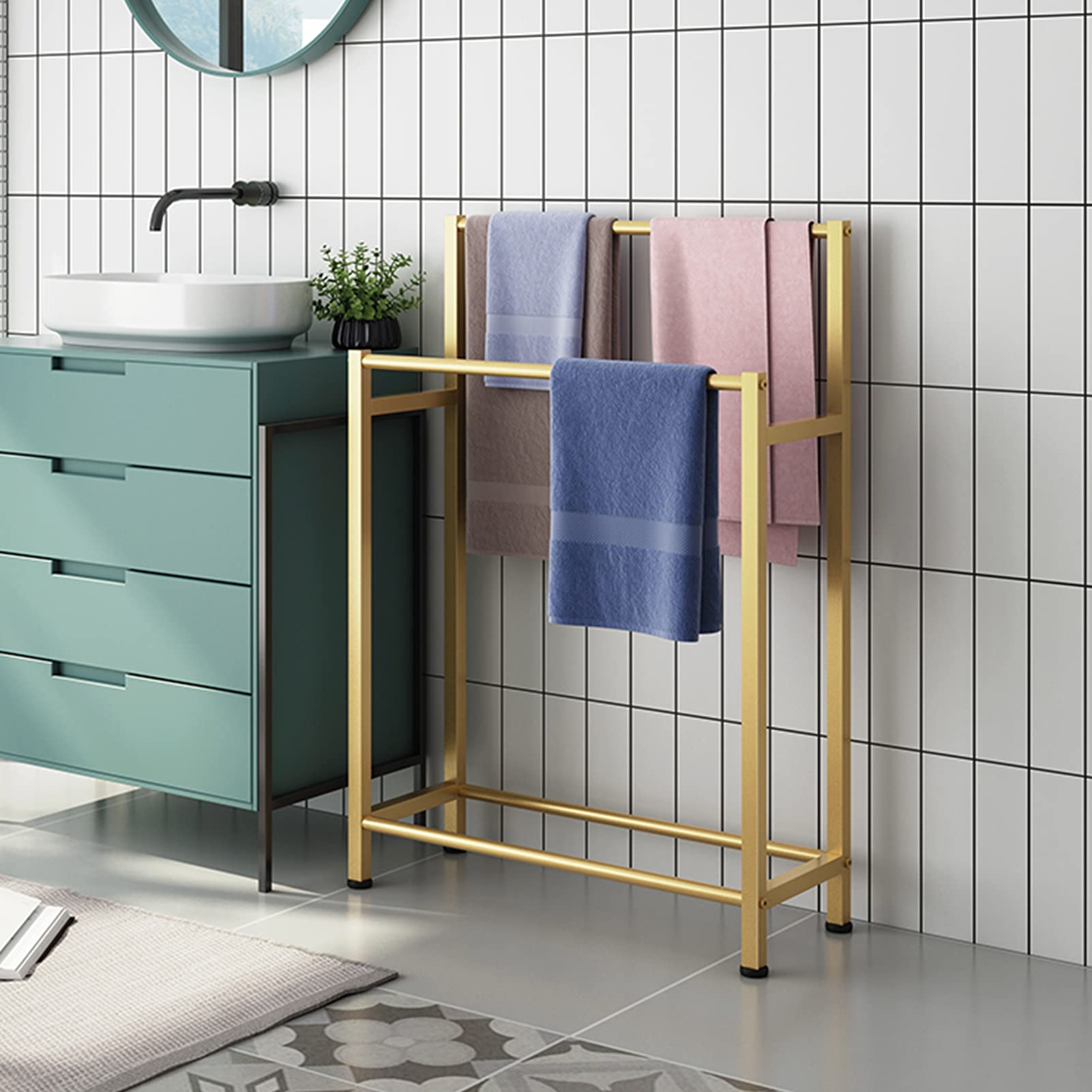 No-Drill 2-Tier Bathroom Towel Stand with Shelf - Rustproof Stainless Steel Towel Rack for Indoor/Outdoor Use - Perfect for Spa, Poolside & Home Decor