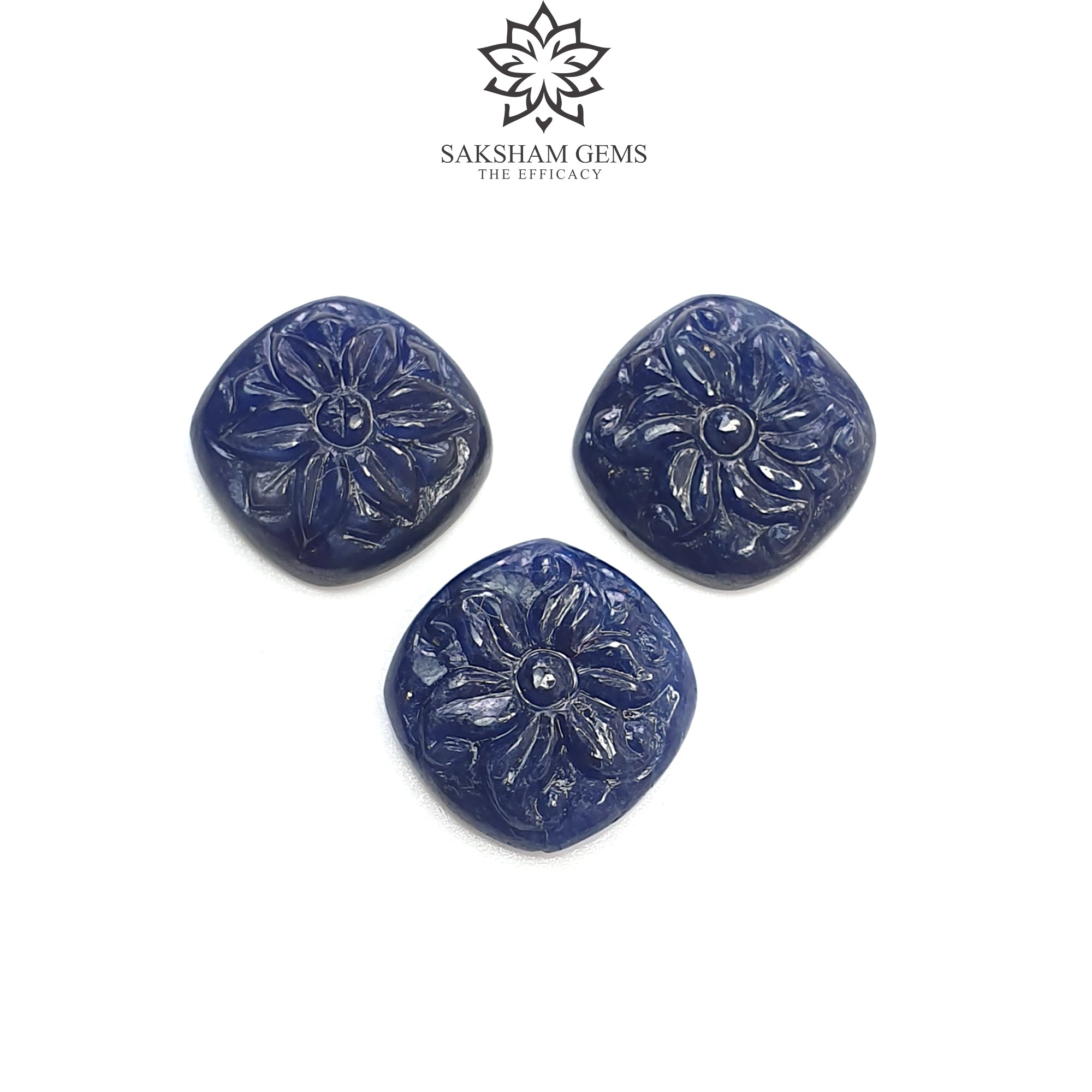 Natural Deep Blue Sapphire Gemstone Carving - 23.40cts Untreated Unheated Hand-Carved Cushion Shape (14x12mm & 14x13mm, 3pcs) | Perfect for Jewelry Making, Engagement Rings & Luxury Gifts