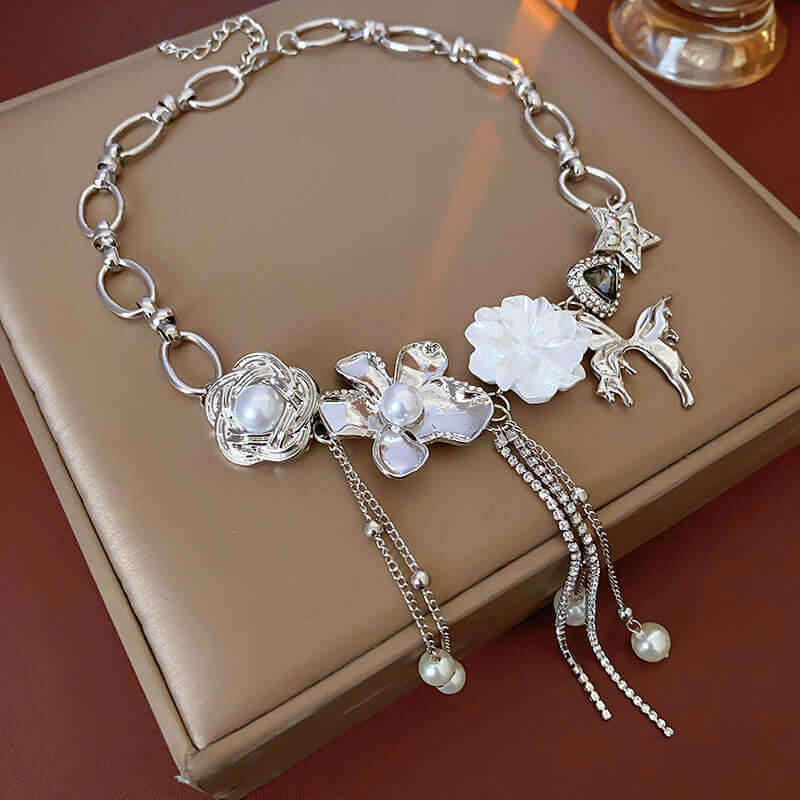 Y2K Metallic Butterfly Pearl Choker Necklace with Tassel - Vintage 90s Retro Fashion Jewelry for Women | Perfect for Parties, Concerts & Festivals