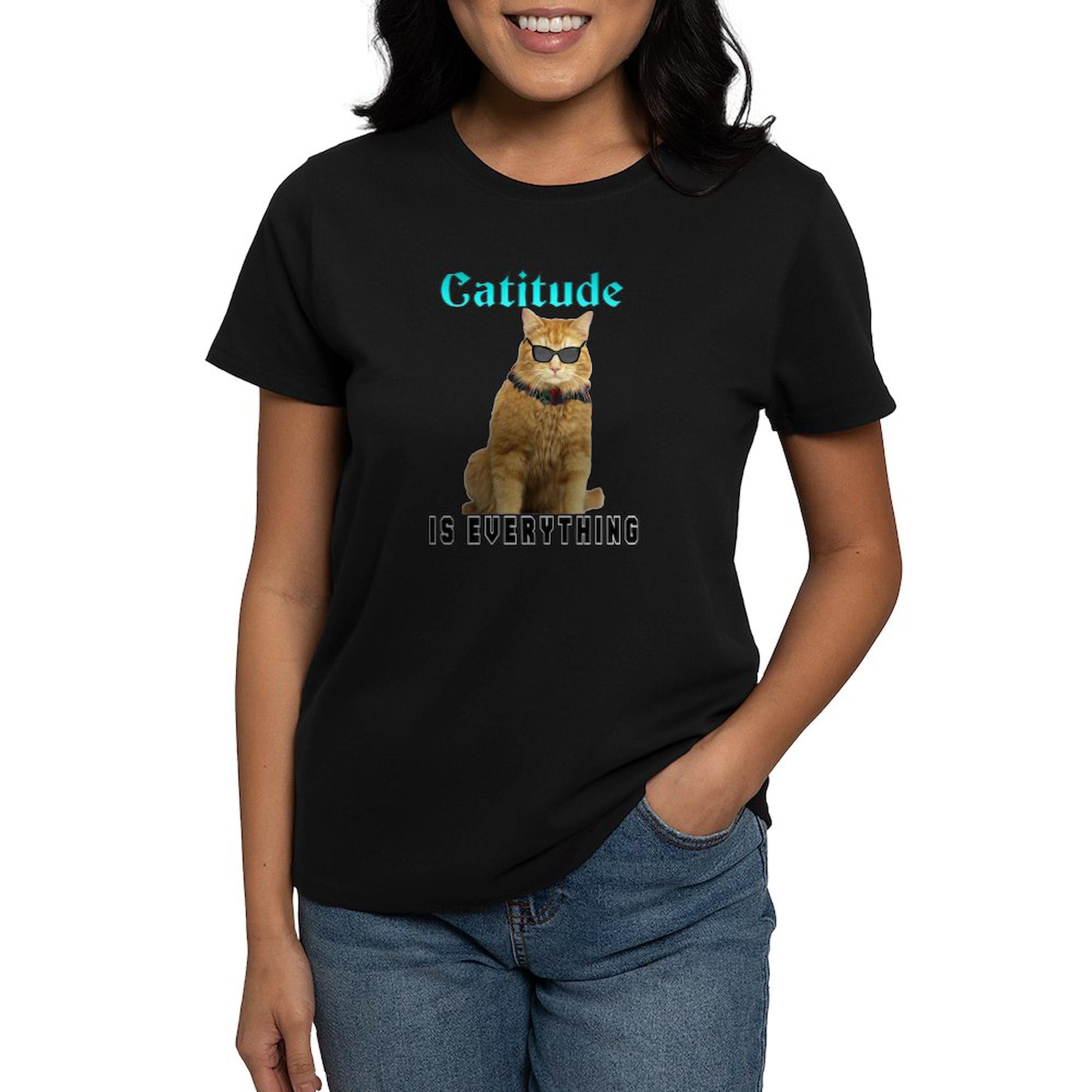 Catitude Women's Dark Cotton T-Shirt - Soft & Comfortable Casual Tee for Cat Lovers | Perfect for Everyday Wear, Gifts & Cat-Themed Events