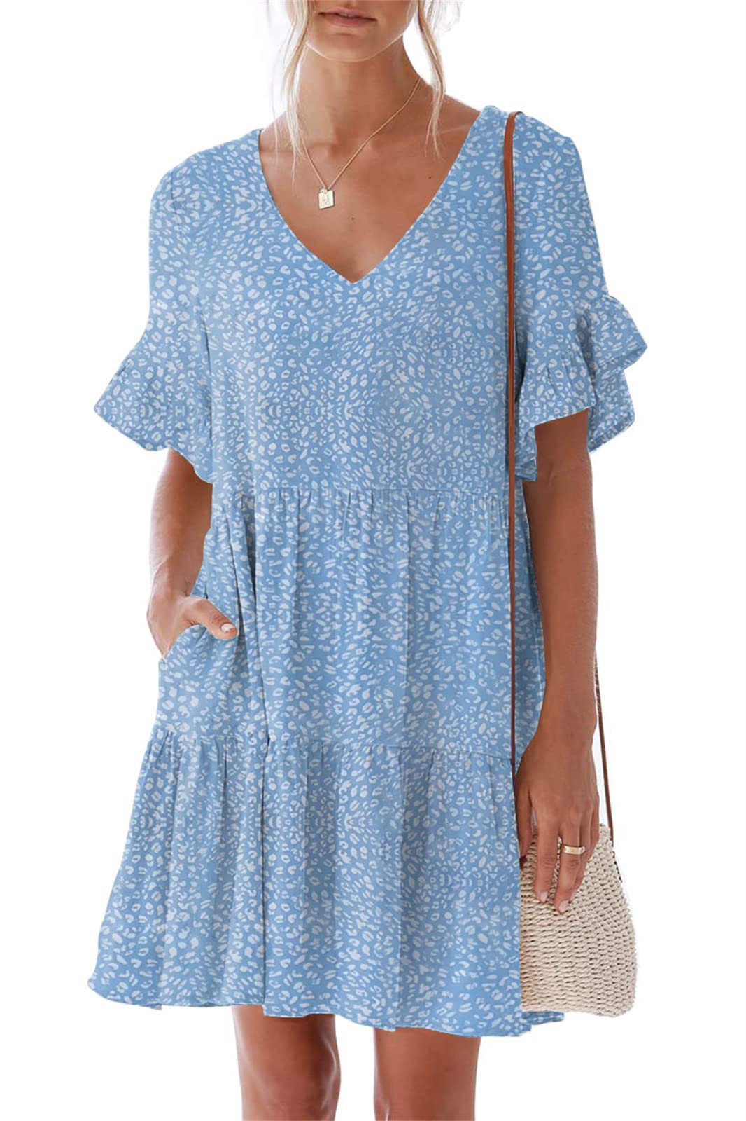 Nclook Women's Summer Casual Dress - Sweet & Cute V-Neck Mini Dress with Pockets, Short Sleeve Ruffles for Beach, Party & Date Night Outfits
