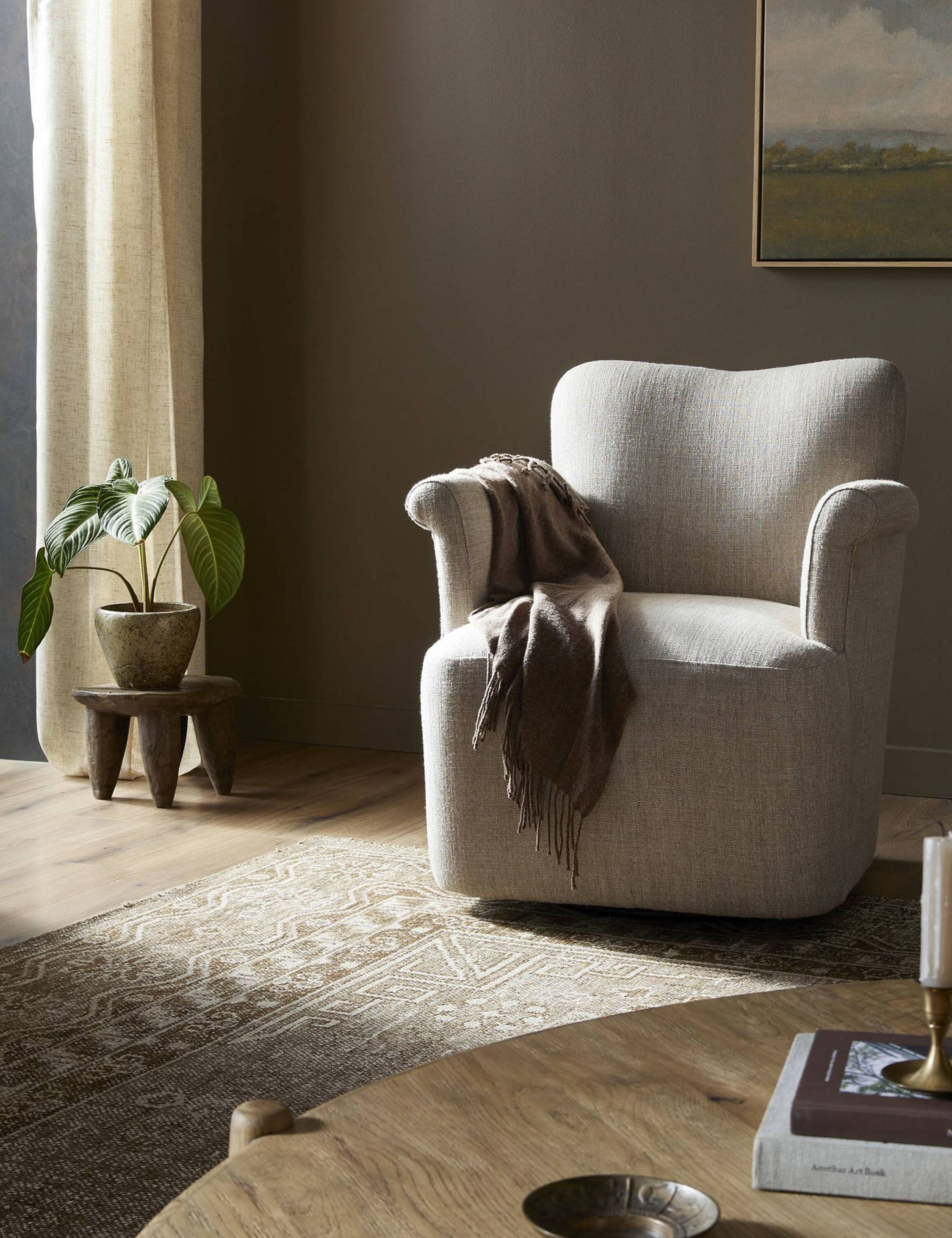 Amber Lewis x Four Hands Camellia Swivel Chair - Modern Velvet Upholstered Accent Chair for Living Room, Bedroom & Office - 360° Rotating Lounge Chair with Solid Wood Base