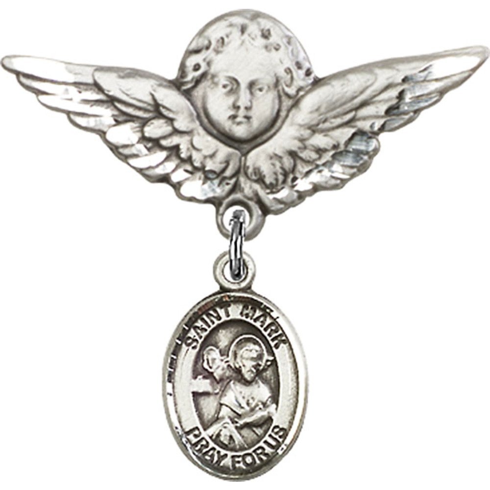 St. Mark Sterling Silver Baby Badge with Angel Wing Charm - Religious Christening Gift for Baptism, First Communion & Baby Blessing Ceremonies