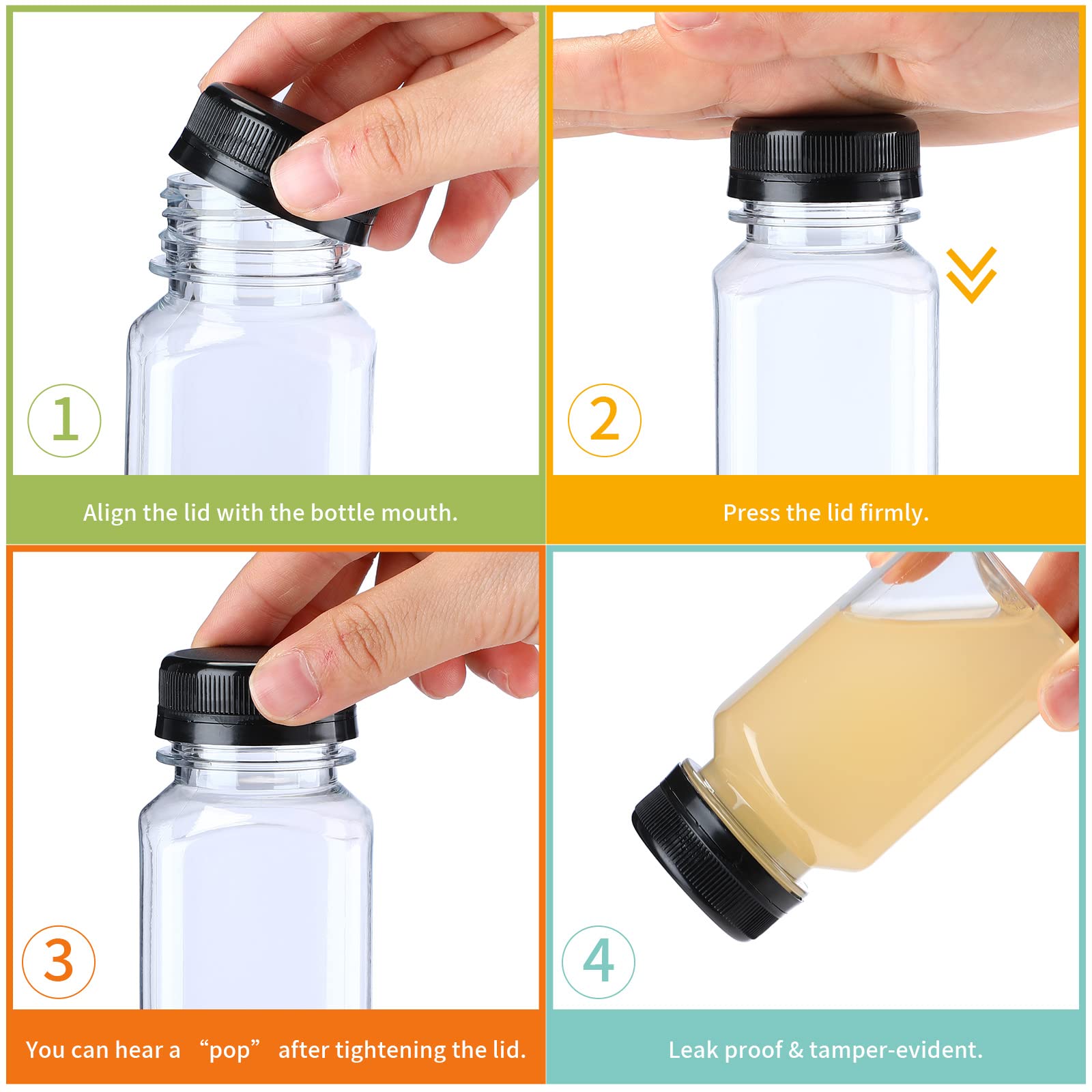 36 Pack 5 oz Plastic Juice Bottles with Lids - Reusable Clear Drink Containers for Juicing, Milk, Water & Beverages | Includes Funnel & Cleaning Brush (Black Caps) - Perfect for Home, Cafes & Meal Prep