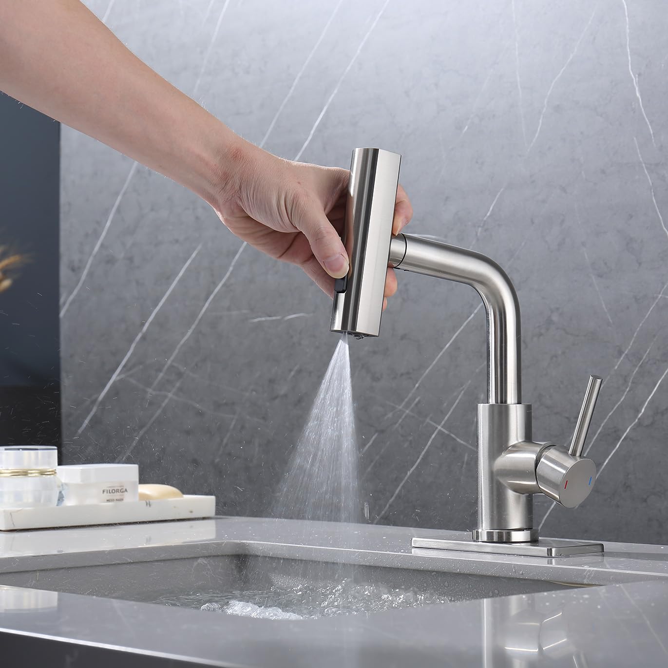 Delle Rosa Pull Out Kitchen Faucet with Sprayer - 3 Function Waterfall Brushed Nickel Faucet for Modern Kitchen | Perfect for Washing Dishes, Filling Pots & Cleaning Countertops