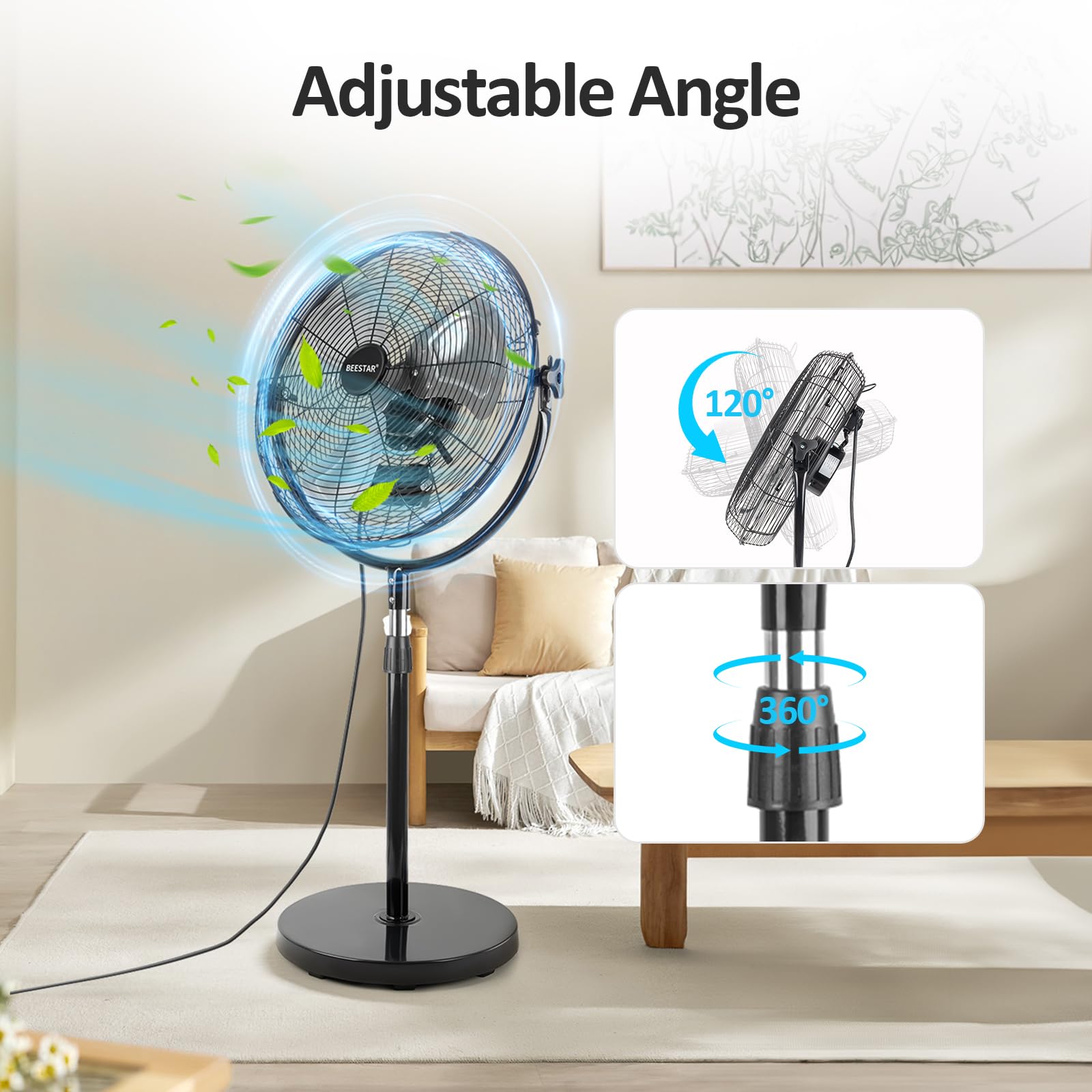 BEESTAR 18 Inch Heavy Duty High Velocity Pedestal Fan - Adjustable Height & Tilt, 3-Speed Metal Industrial Standing Fan for Warehouse, Workshop, Office, Home & Greenhouse Use - Black