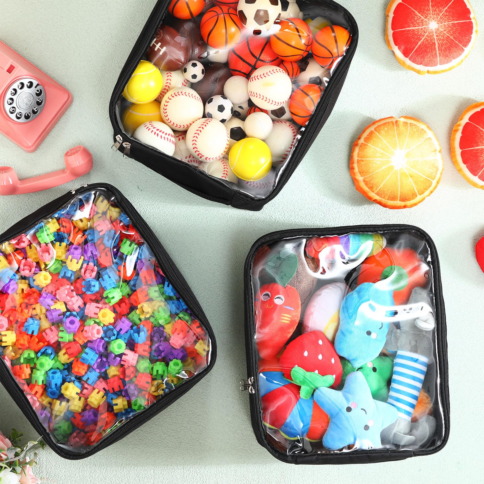 6-Pack Large Reusable Oxford Fabric Toy Storage Bags with Clear PVC Window - Organizer for Building Blocks, Puzzles & Board Games - Perfect for Kids' Room, Playroom & Travel Organization (Black)
