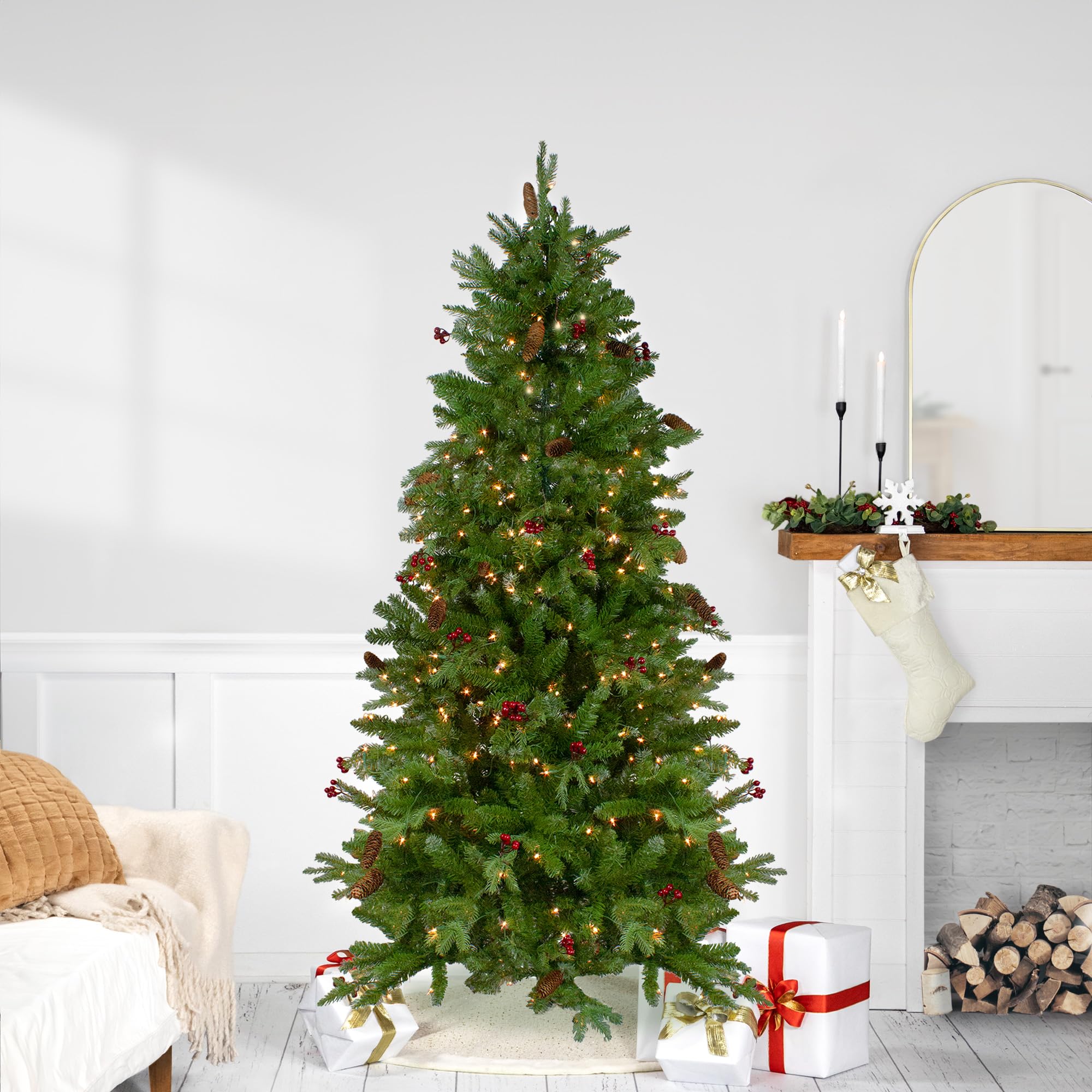 6.5ft Pre-Lit Artificial Christmas Tree with Mixed Winter Berries and Clear Lights - Perfect for Living Room, Office, and Holiday Decorations