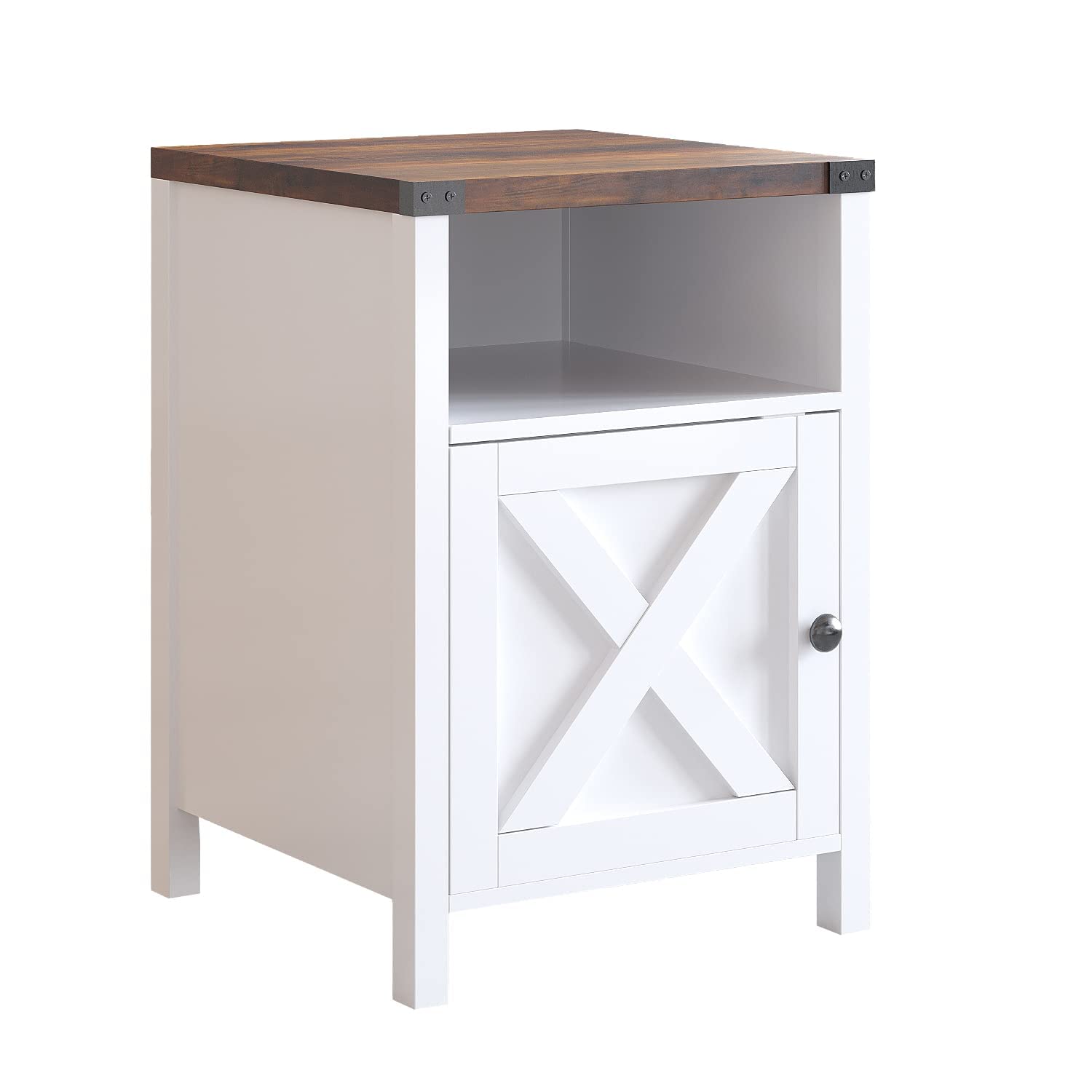 Rustic Farmhouse Nightstand with Barn Door & Storage Shelf - Industrial Bedside Table for Bedroom, Living Room Accent End Table - Perfect for Small Spaces & Cozy Home Decor (White)