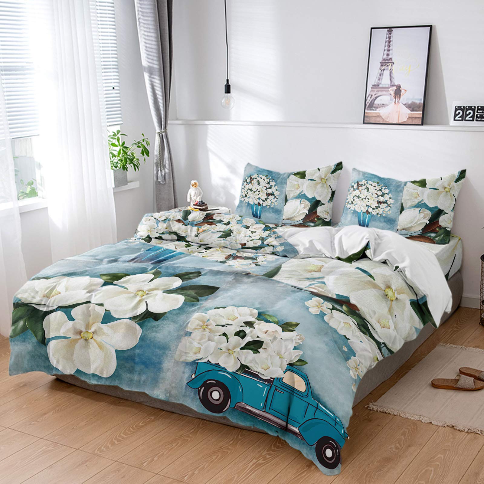 4-Piece Vintage White Magnolia Flower Duvet Cover Set - Ultra Soft Quilted Luxury Washed Comforter with Pillowcases - Twin Size Bedding for Cozy Bedroom Decor - Blue Gradient Oil Painting Texture - Perfect for Guest Rooms, Master Bedrooms & Dormitories