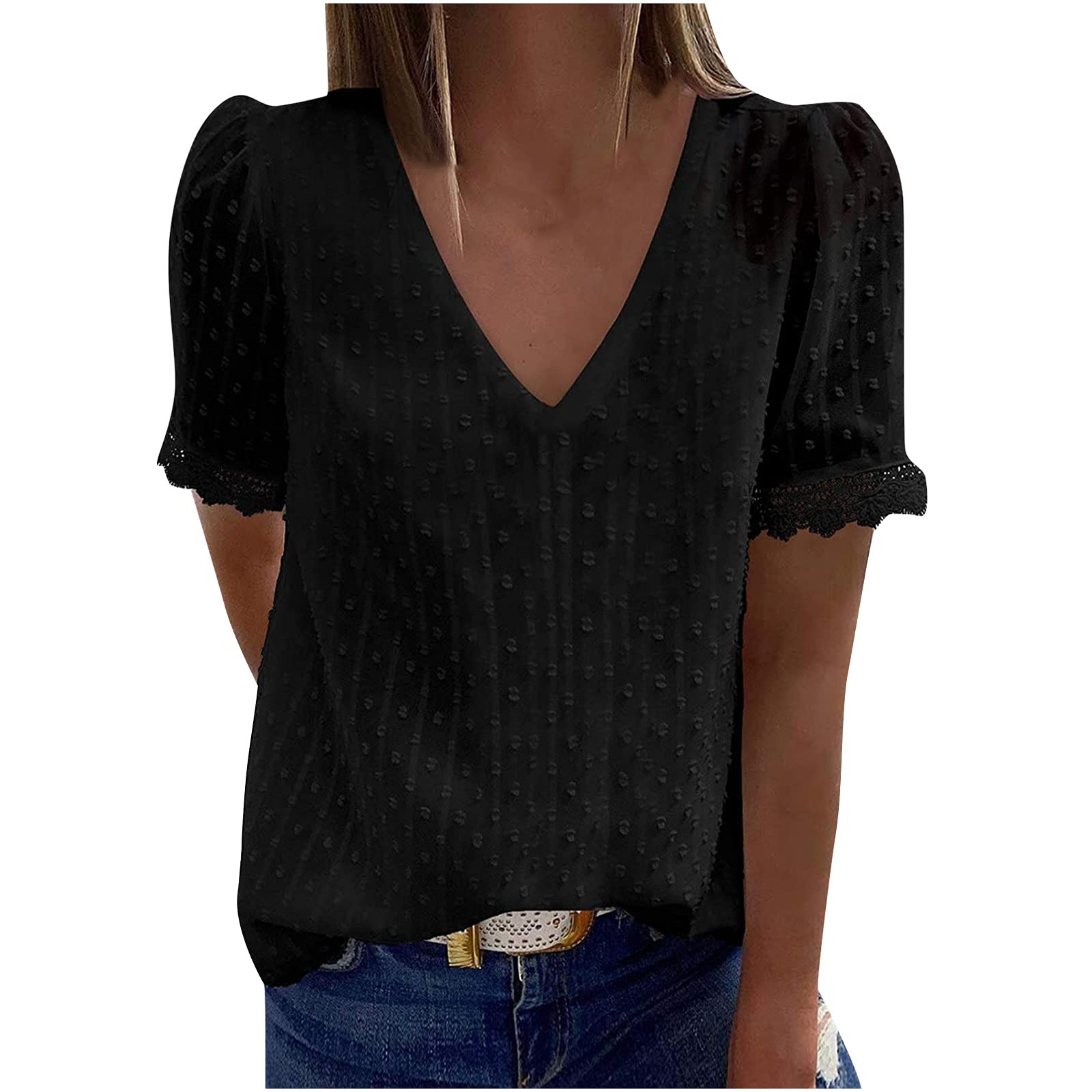 Women's Summer Short Sleeve Lace Tunic Top - V Neck Cute Casual T-Shirt Blouse for Beach, Vacation & Everyday Wear | Comfortable Breathable Tee