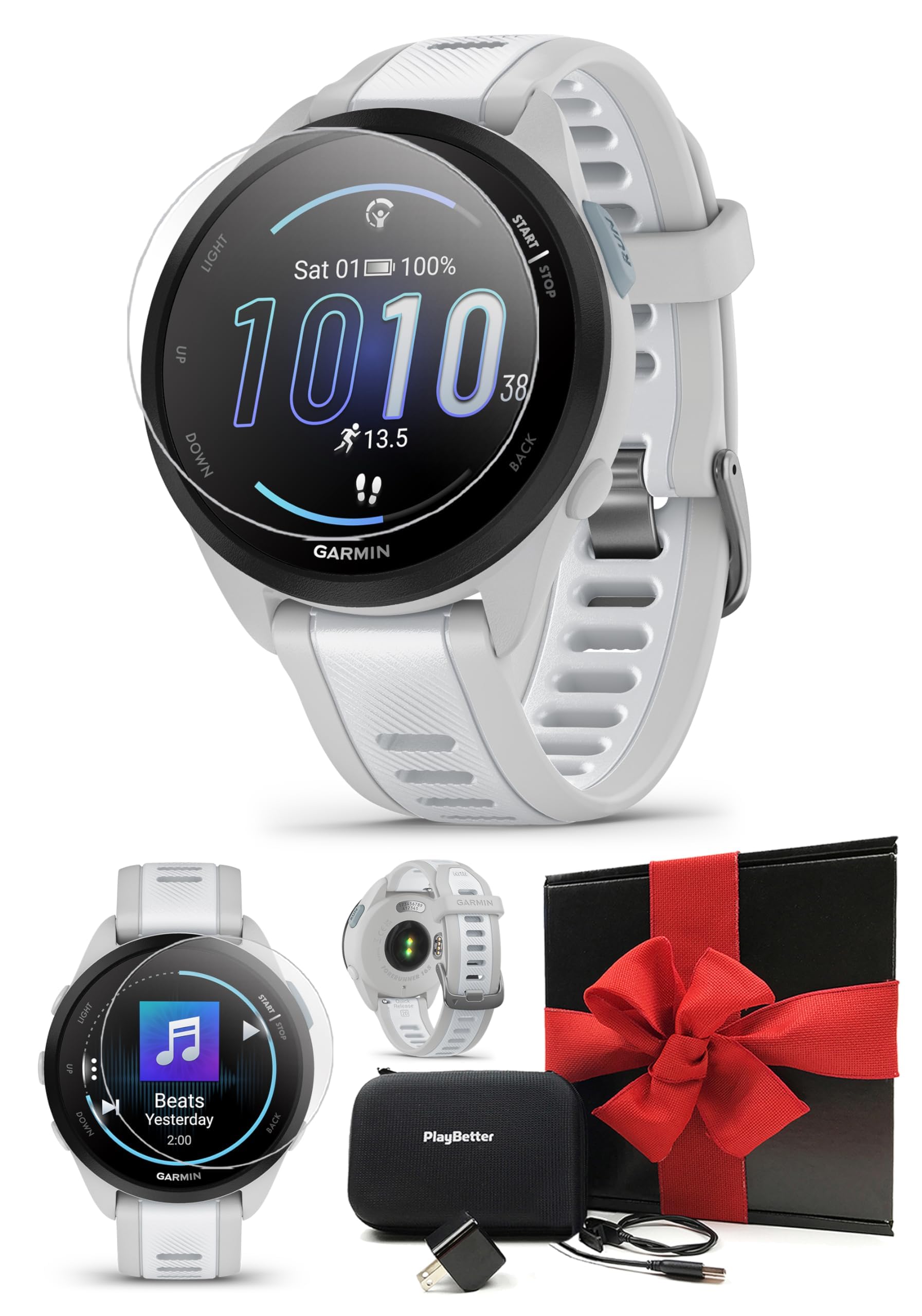 PlayBetter Garmin Forerunner 165 Music (Mist Gray/Whitestone) GPS Running Smartwatch Bundle with AMOLED Touchscreen & 11-Day Battery - Includes Screen Protectors, Wall Adapter & Case - Perfect for Marathon Training, Outdoor Running & Fitness Tracking
