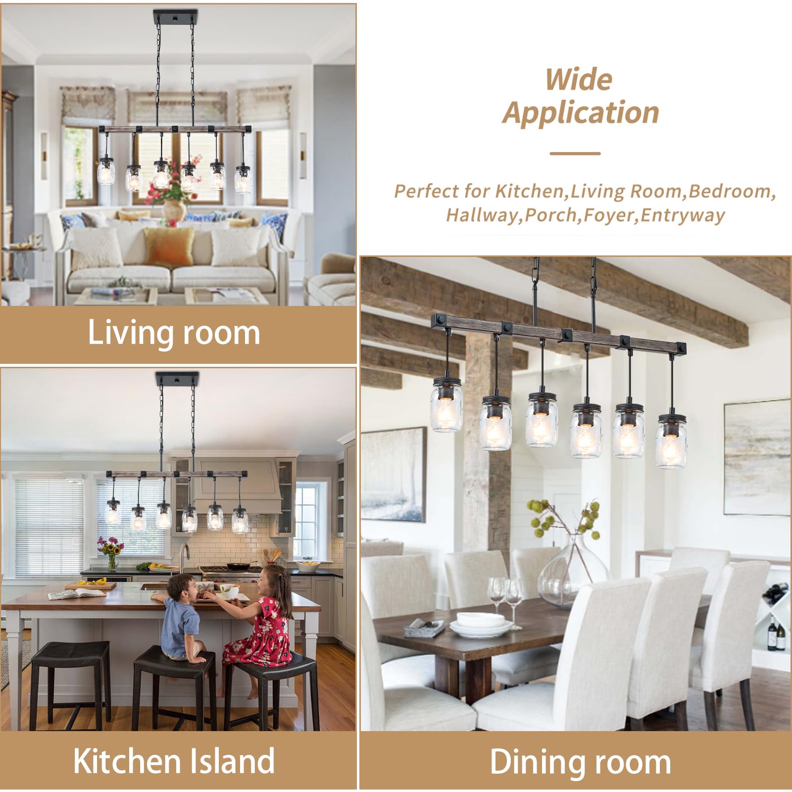 Farmhouse Kitchen Island Lighting - 6-Light Rustic Mason Jar Chandelier with Clear Glass Globes, 30