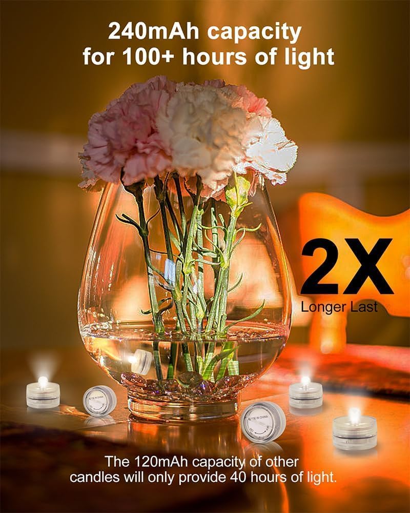 SHYMERY 12 Pack Submersible LED Tea Lights - Waterproof Flameless Candles for Underwater Decor, Ponds, Fishing & Celebrations - 120 Hours Battery Life (Includes 24 Built-in Batteries) - Perfect for Weddings, Parties, Aquariums & Outdoor Events