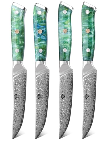 Silver Damascus steel feather pattern Blade, Green Resin Handle