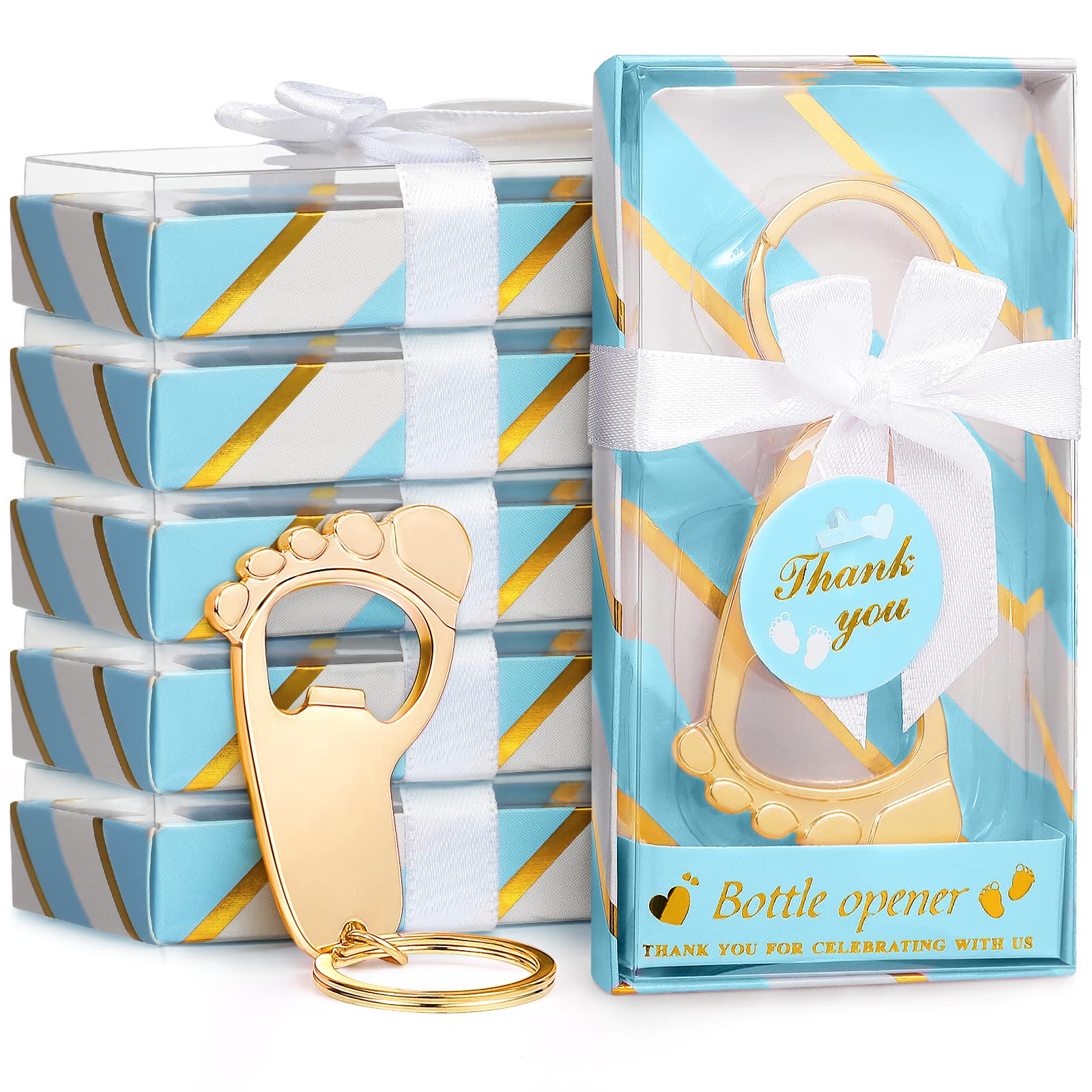 36-Piece Gold Baby Bottle Opener Keychain Set - Baby Shower Favors for Guests, Gender Neutral Footprint Design - Perfect for Baby Showers, Birthday Parties, Wedding & Bridal Showers (Blue) - Great as Party Decorations and Keepsake Gifts