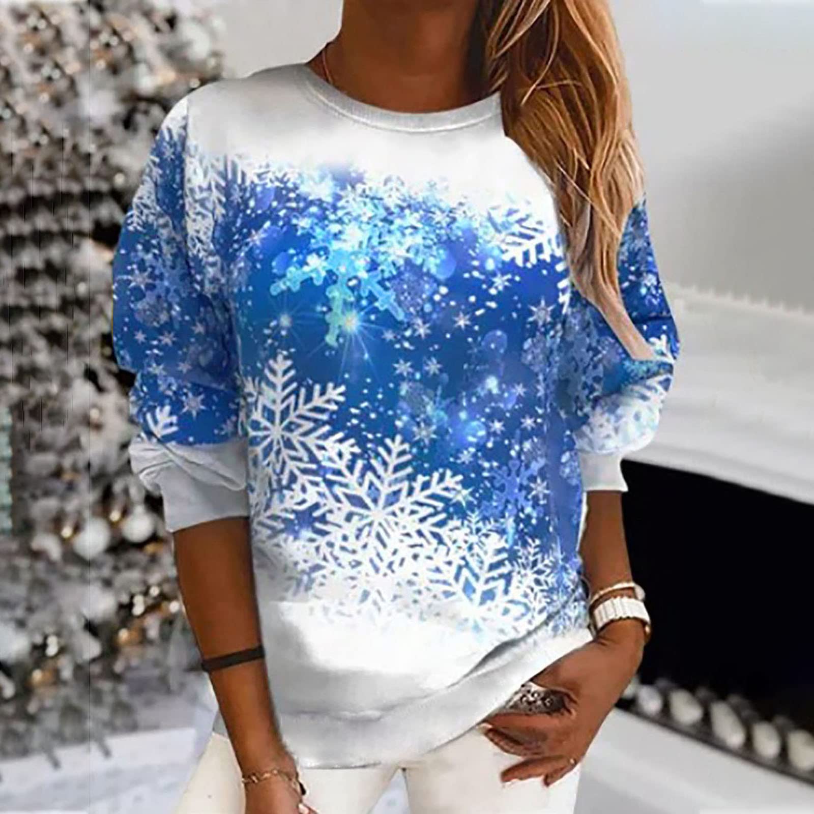 Women's Casual Printed Round Neck Long Sleeve Loose T-Shirt - Autumn Pullover Blouse & Christmas Jumper with Reindeer Santa Graphic - UK Size - Perfect for Holiday Parties & Cozy Winter Outfits