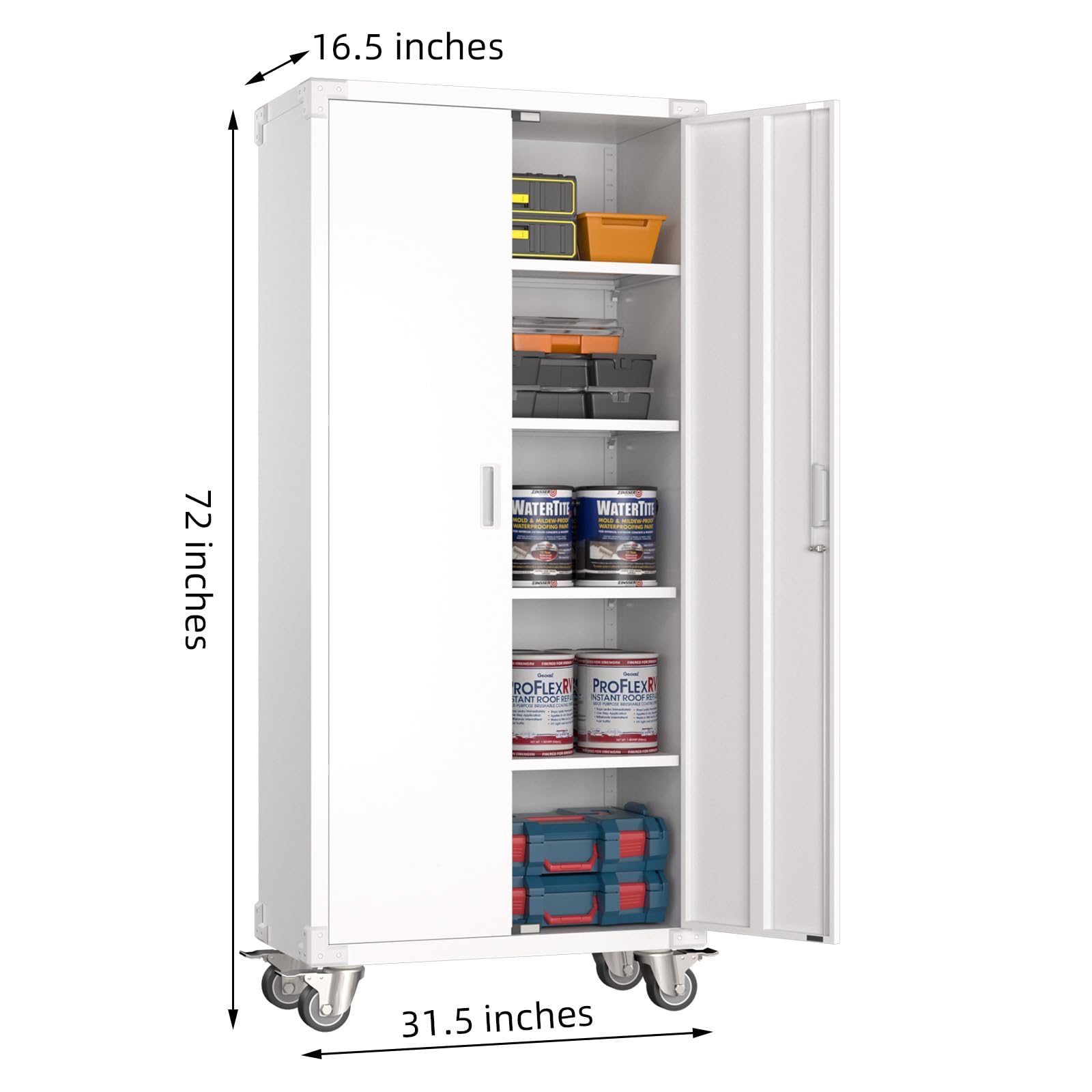 Aobabo Heavy Duty Metal Storage Cabinet with Wheels & Lock - 2 Door Steel Cabinet with 4 Adjustable Shelves for Office, Home & School Organization - Easy Assembly White - Perfect for Storing Files, Supplies & Equipment