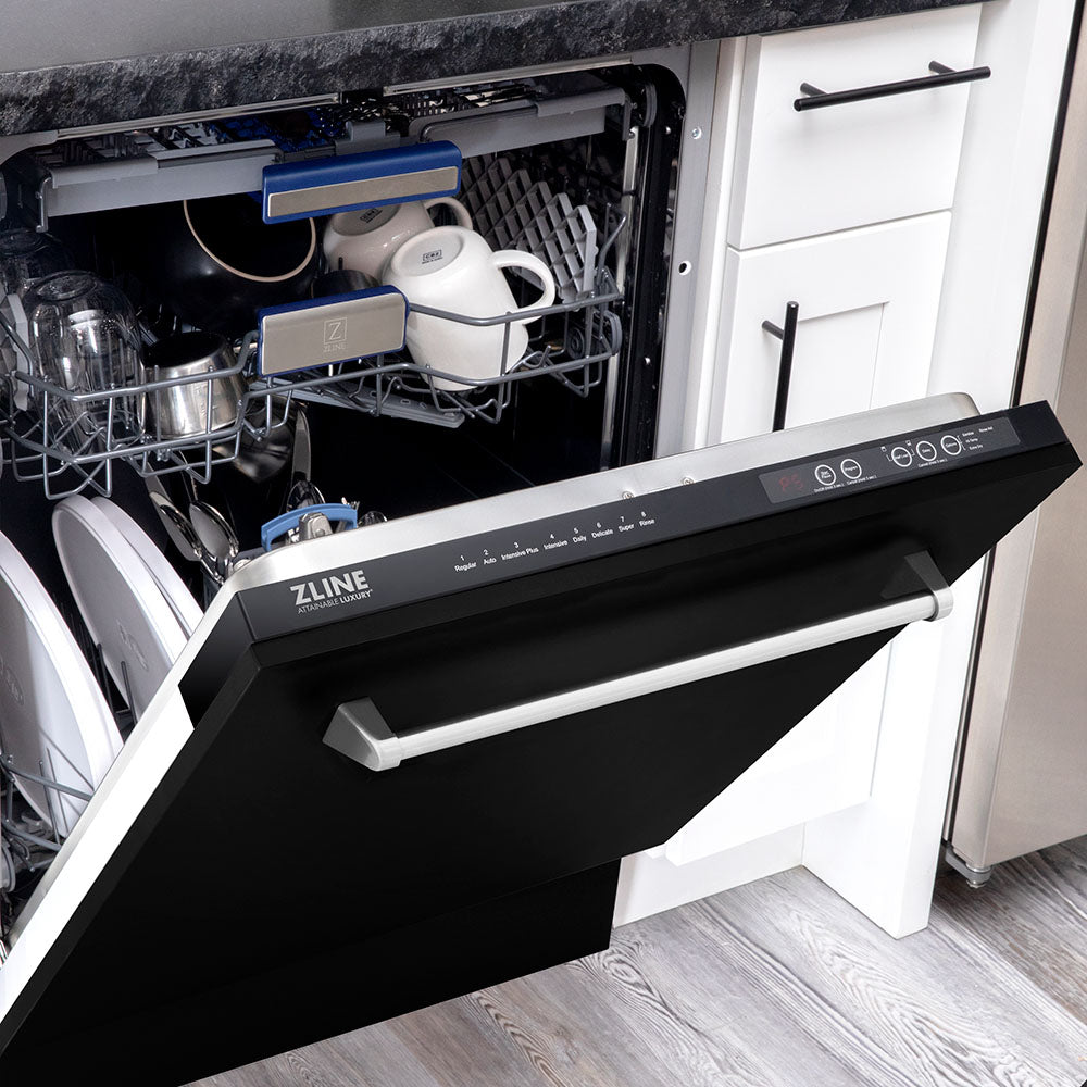 ZLINE 24 Inch Black Matte Tall Tub Dishwasher with Stainless Steel Tub - 3rd Rack & 51dBA Quiet Operation | DWV BLM 24 | Perfect for Small Kitchens & Open-Concept Homes