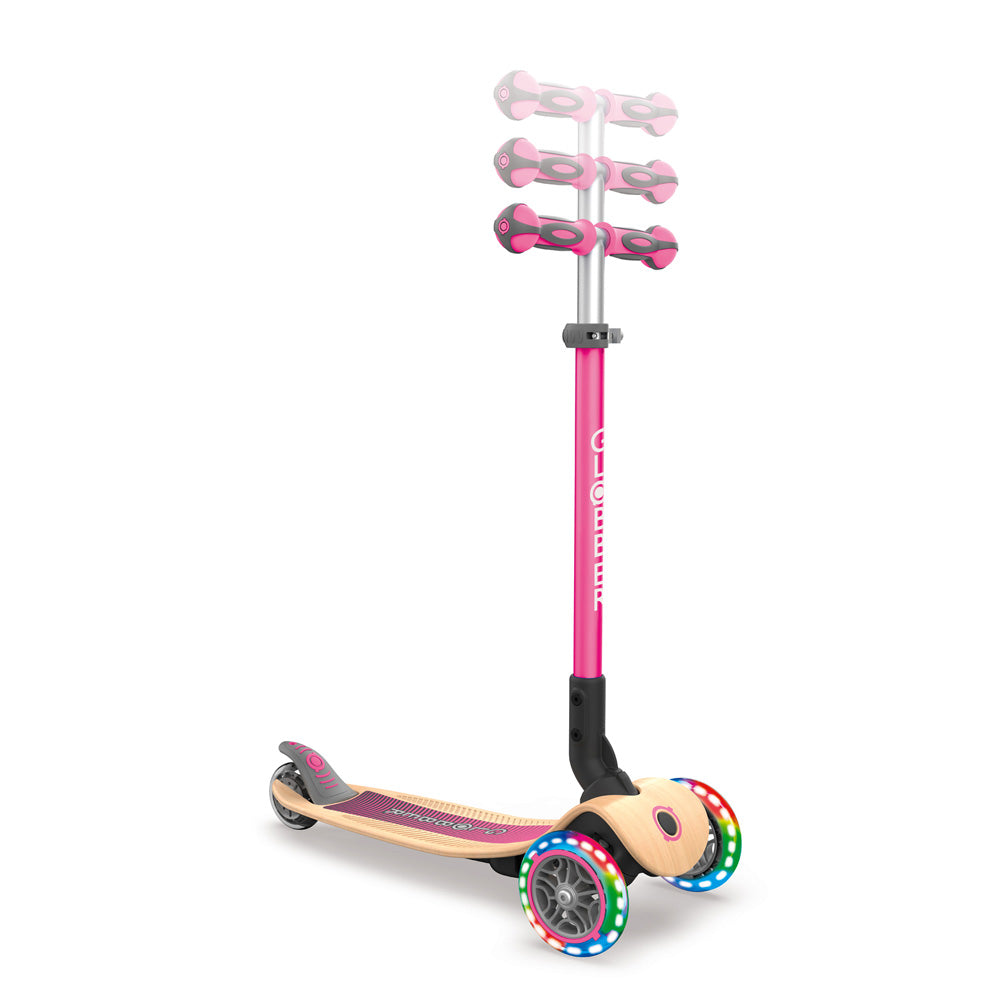 Globber 3 Wheel Primo Foldable Wooden Scooter with LED Lights - Perfect for Kids Outdoor Play, Commuting & Neighborhood Rides
