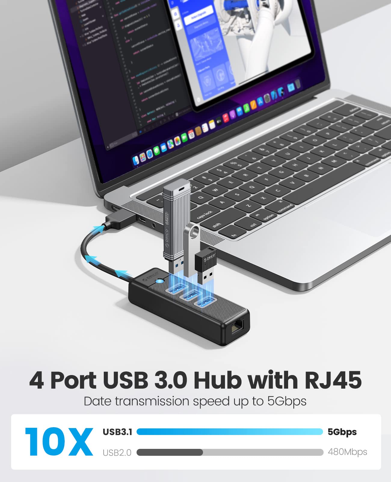 ORICO USB C to Ethernet Adapter 4-in-1 Hub with Gigabit RJ45 Port, 1.6ft Cable - Compatible with MacBook Pro/Air, iPad Pro, Chromebook, Windows Laptops - Perfect for Office Work, Online Gaming & Video Conferencing