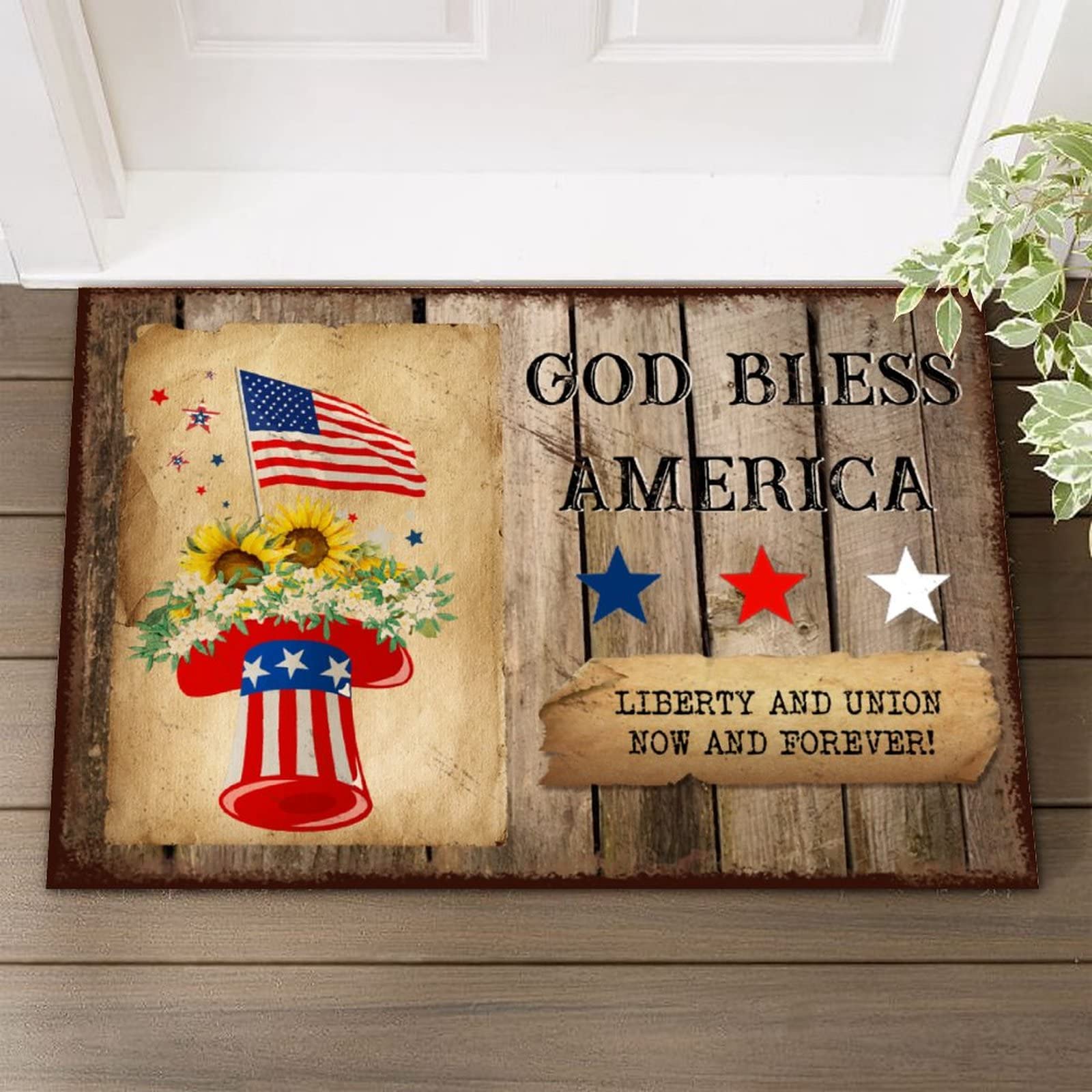 American Flag Patriotic Coir Doormat - Vintage 4th of July Sunflower Design, Heavy Duty Outdoor Welcome Mat 24x36 inches - Perfect for Front Entrance, Porch, and Patio Decor