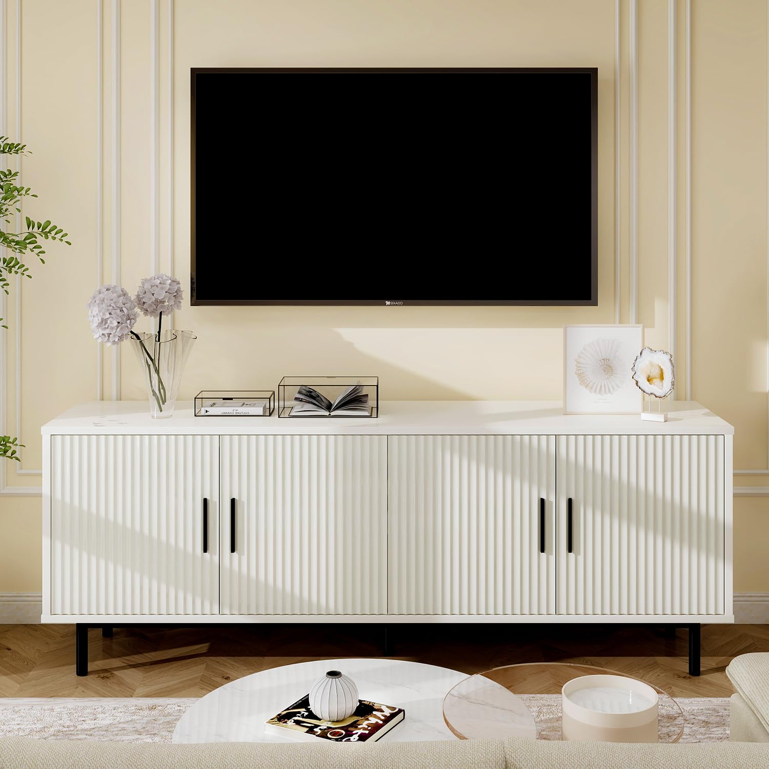 Modern Fluted-Door TV Stand for 80 Inch TVs - Entertainment Center with Storage & Adjustable Shelves - 70