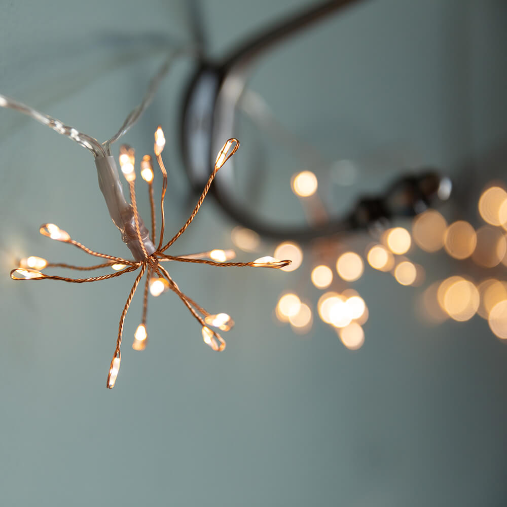Copper Starburst Fairy Lights - 20 LED Warm White String Lights for Bedroom, Wedding, Party Decor - Indoor & Outdoor Decorative Lighting