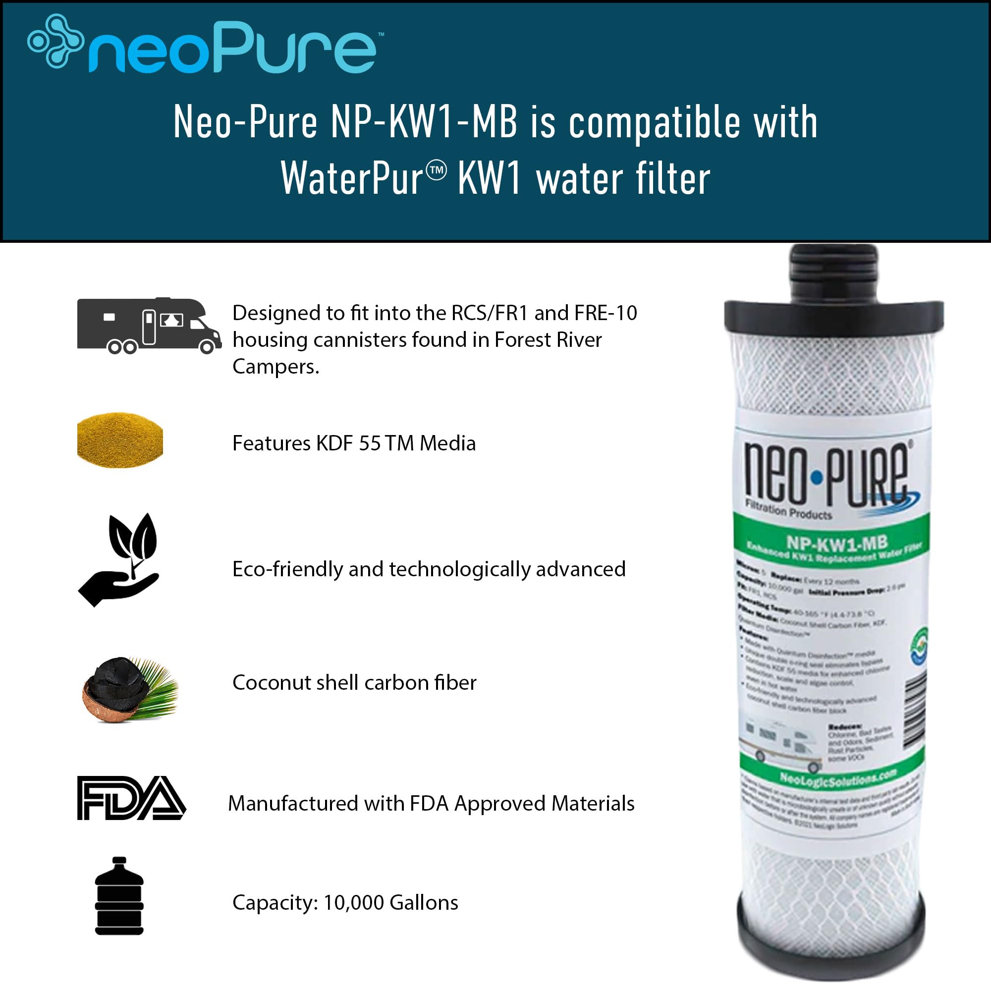 Neo-Pure NP-KW1-MB Water Filter 2-Pack - Compatible Replacement for WaterPur KW1 RV Water Filter with Quantum KDF 55 & Coconut Shell Carbon - MAX Filter Upgrade - Perfect for RV, Camping & Home Water Filtration Systems