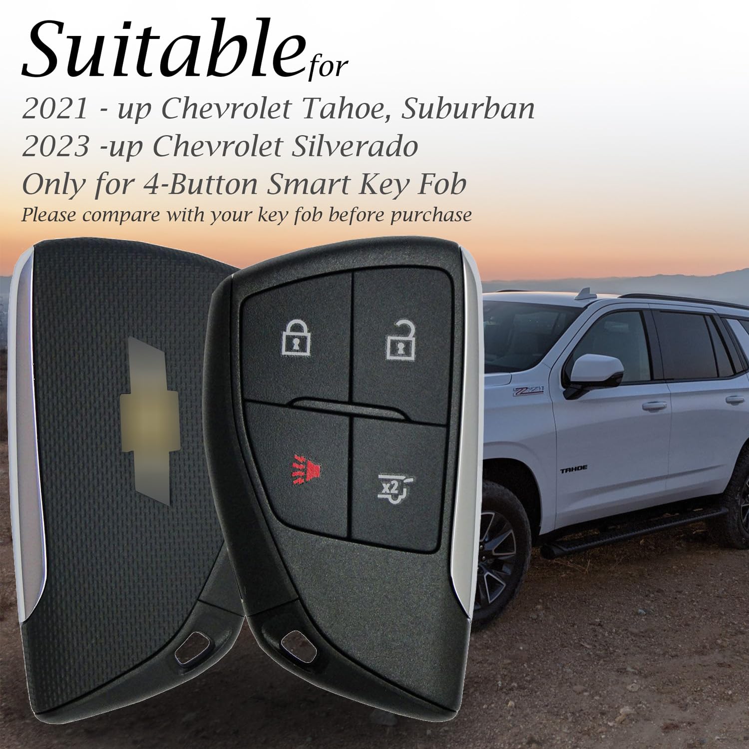 Genuine Leather Smart Key Fob Case with Leather Key Strap for Chevrolet Suburban/Tahoe/Silverado 2025 (4-Button, Brown) - Premium Protection & Style for Your Car Keys | Perfect for Daily Use, Travel & Gift Giving