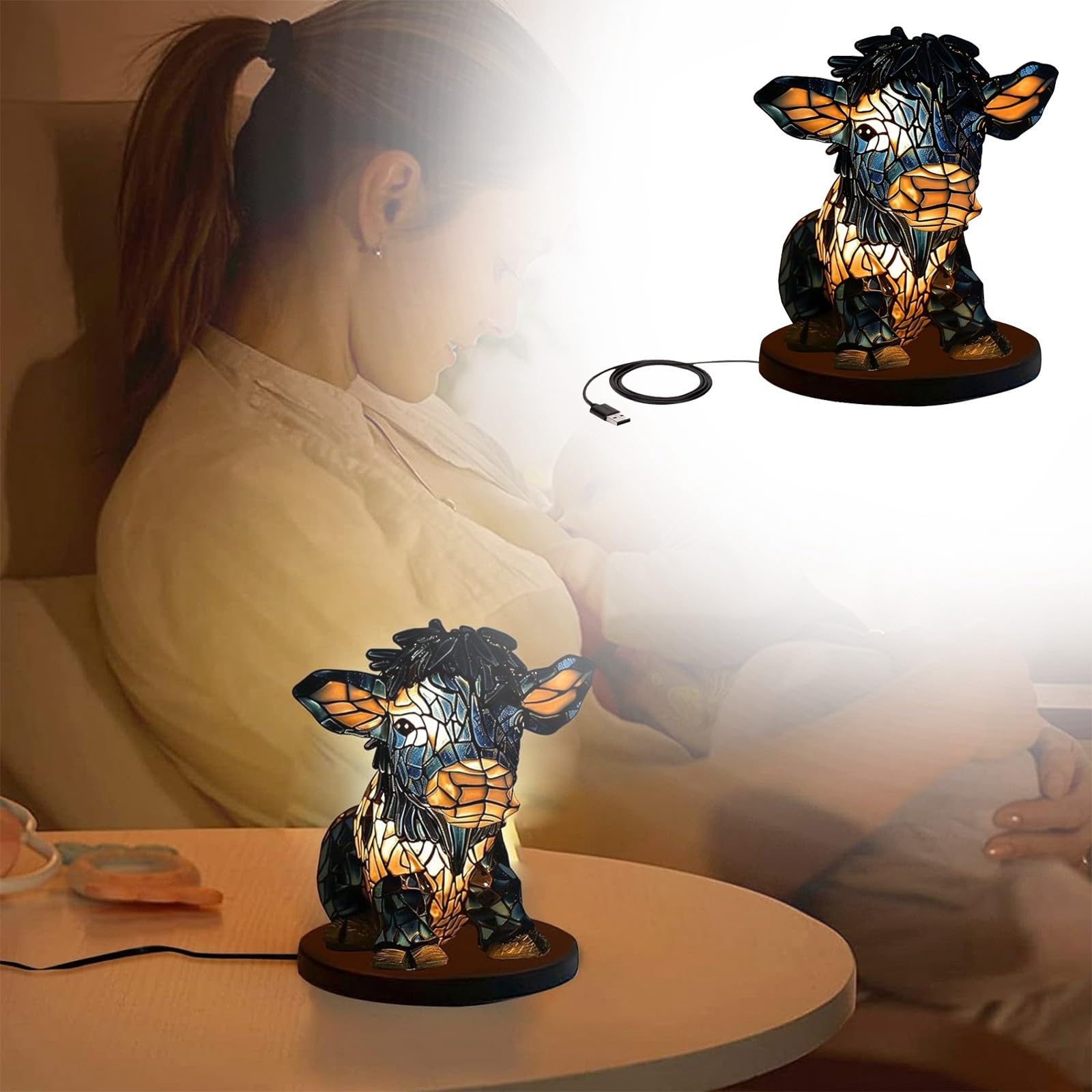 Cute Cow Table Lamp with USB Port - Nightstand Bedside Lamp for Bedroom, Living Room & Home Office - Soft Reading Light & Cozy Home Decor