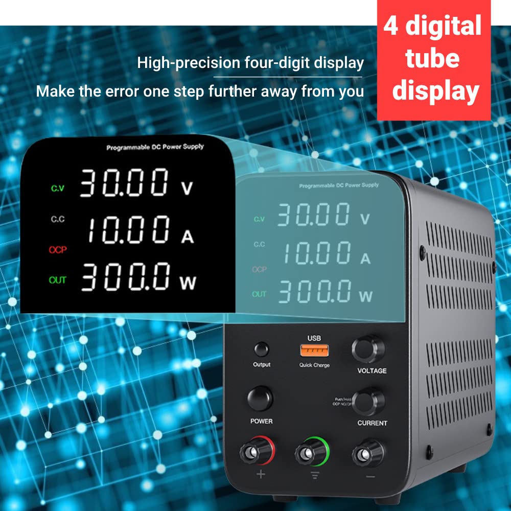 30V 10A Programmable DC Power Supply with USB & Digital Display - Adjustable Lab Bench Power Source for Electronics Repair, Notebook, Phone Testing (US Plug 115V) | Ideal for DIY Projects, Circuit Debugging & Device Charging