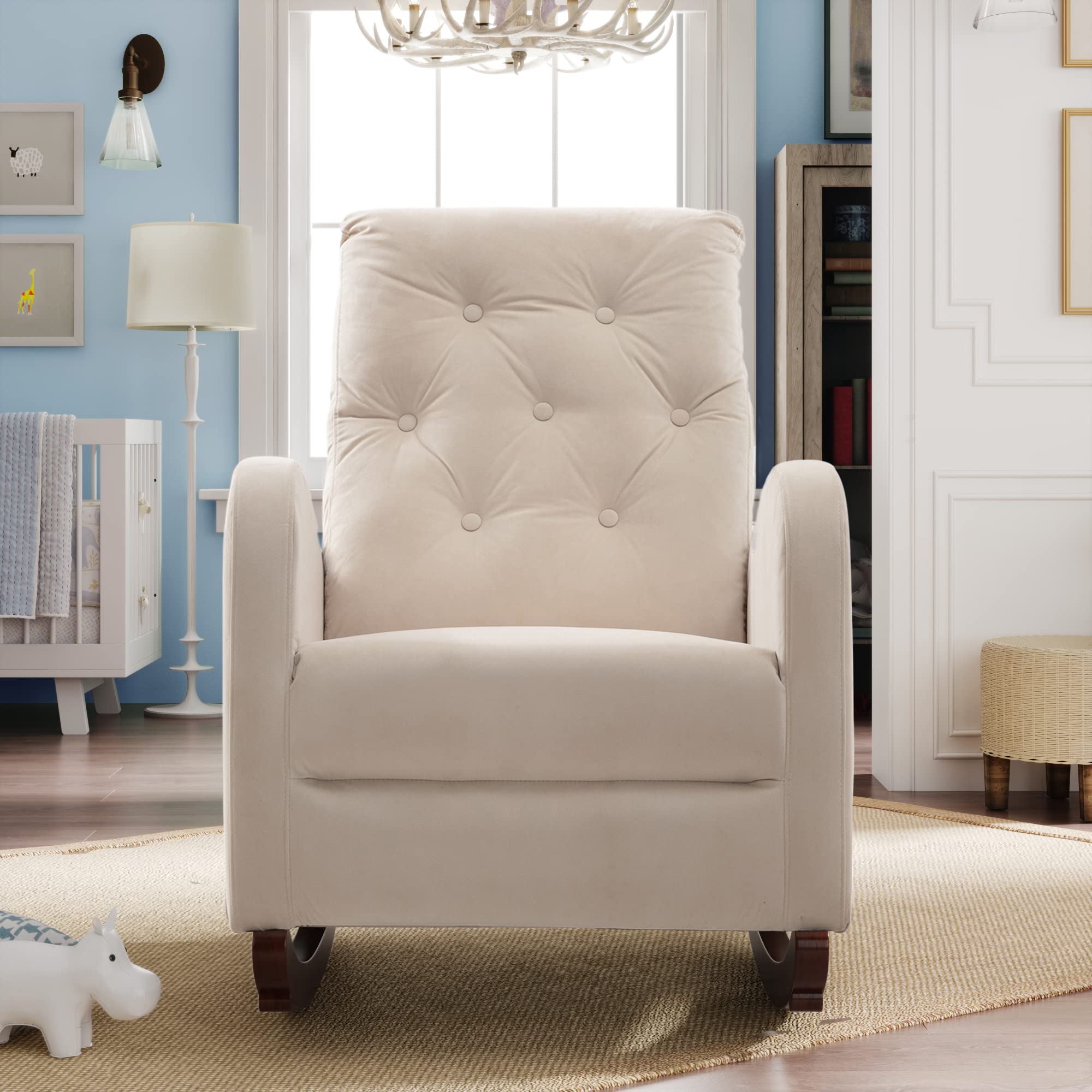 Baby Nursery High Back Rocking Chair - Comfortable Fabric Padded Seat Rocker, Modern Armchair for Nursing, Feeding & Relaxing in Nursery Room