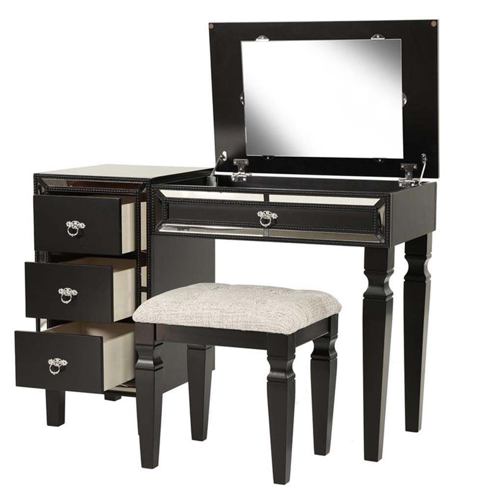 Poundex Flip-top Vanity Set with Stool - Modern Dressing Table with Mirror & Seat for Bedroom Makeup & Hair Styling - Perfect for Small Spaces & Home Organization