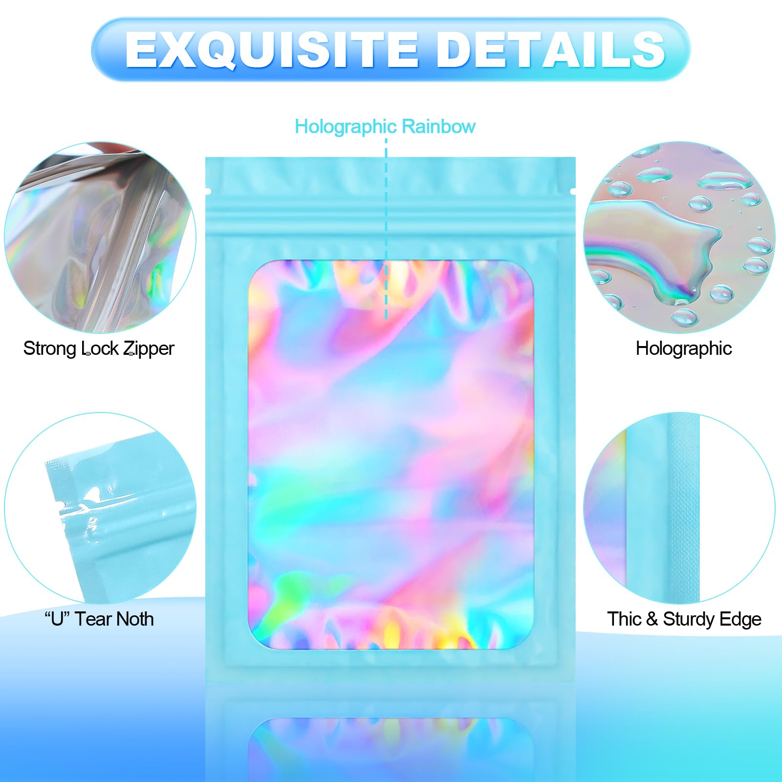 100-Pack Smell Proof Mylar Bags - Airtight Resealable Holographic Pouch with Clear Window for Food Storage, Eyelash, Jewelry & Electronics | 4x6 Inch Blue | Perfect for Travel, Organization & Long-Term Preservation